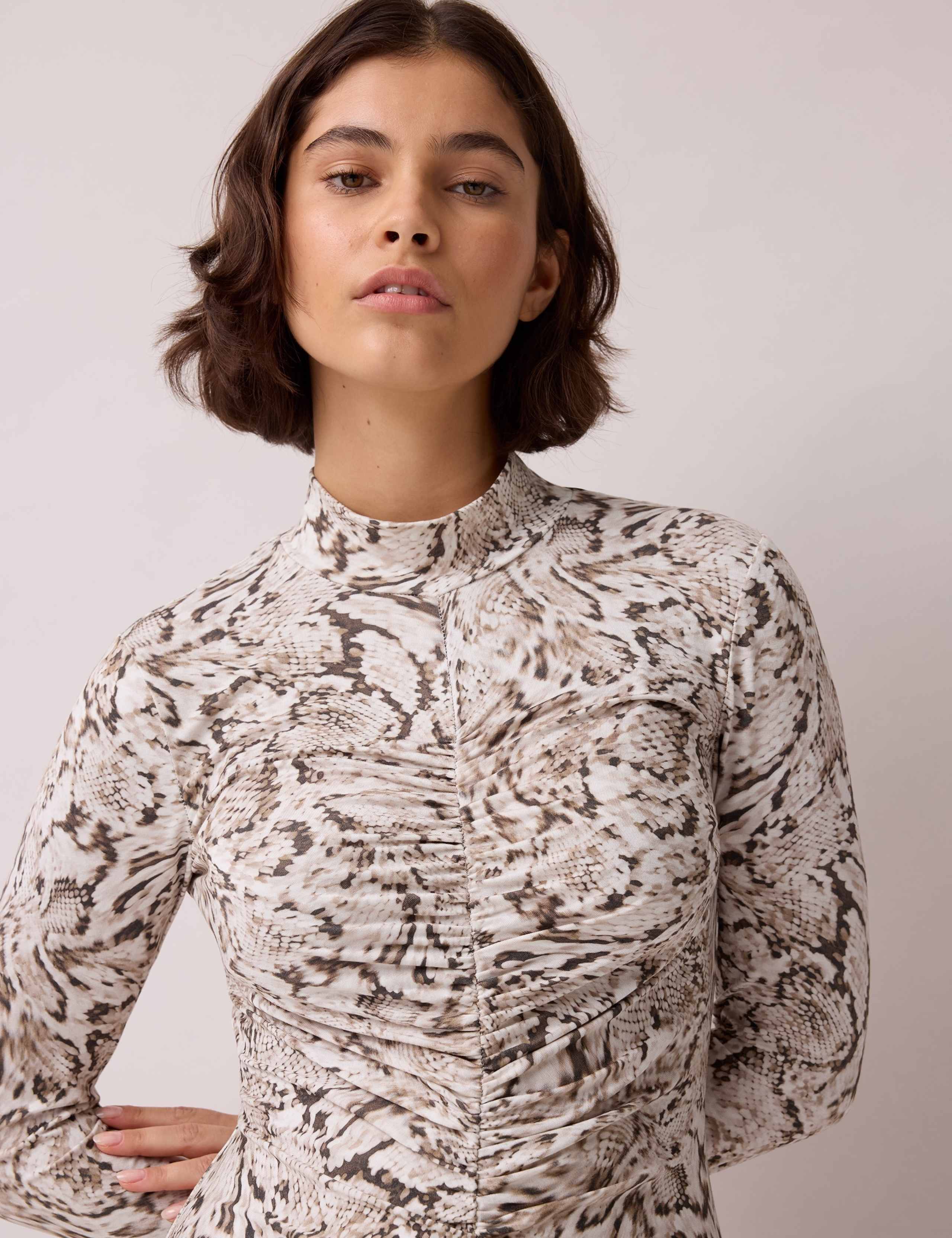 Animal Print Roll Neck Ruched Midi Column Dress 3 of 6