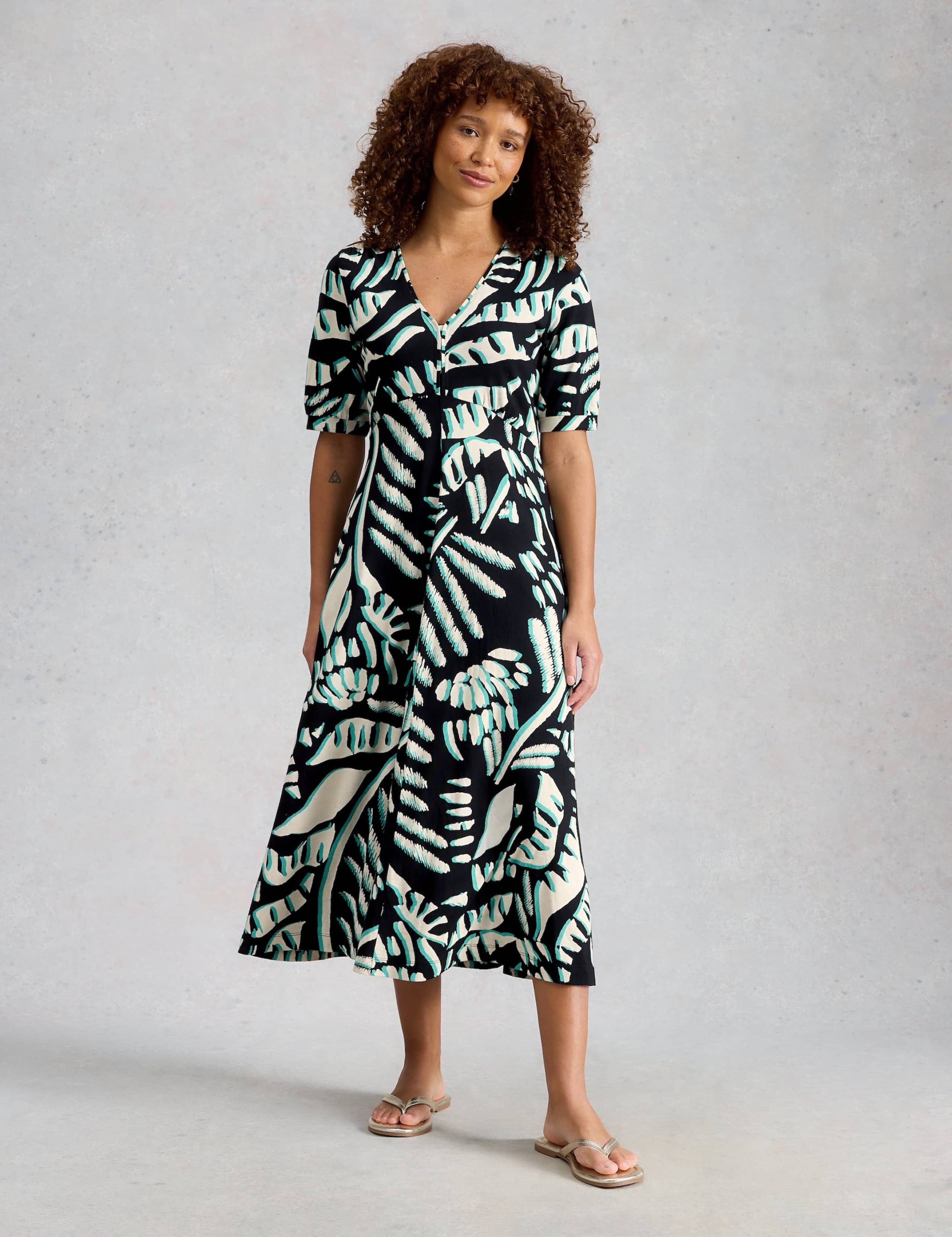 Cotton Blend V-Neck Midi Tea Dress 3 of 6