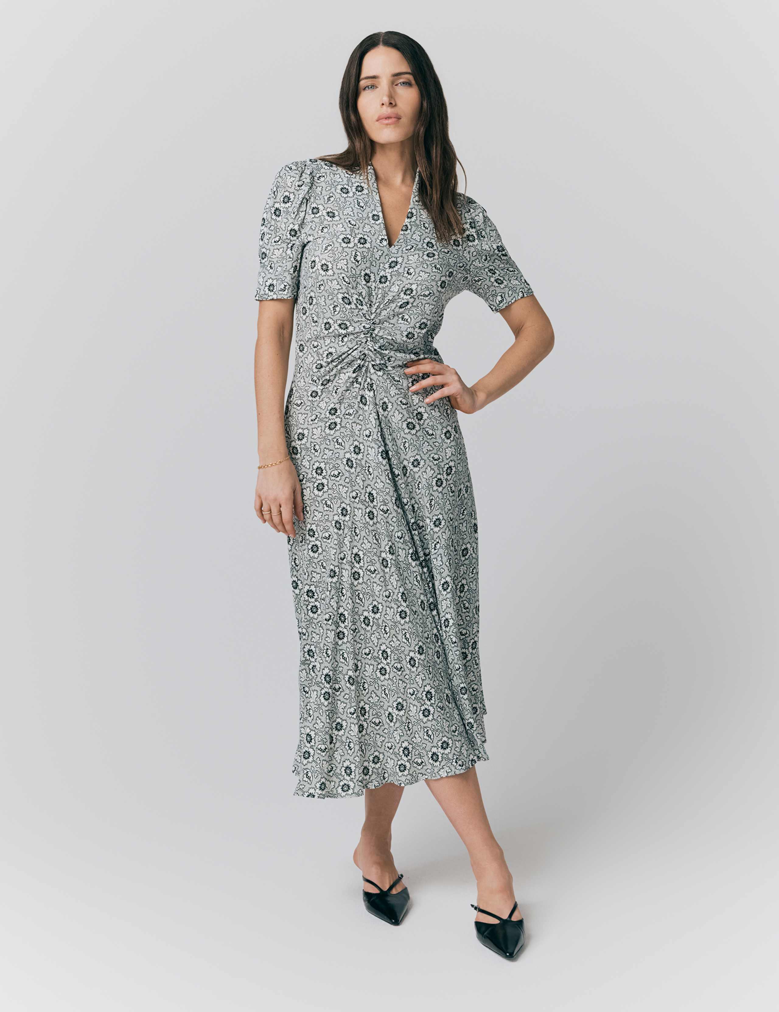 Crepe Floral V-Neck Midi Tea Dress 1 of 4