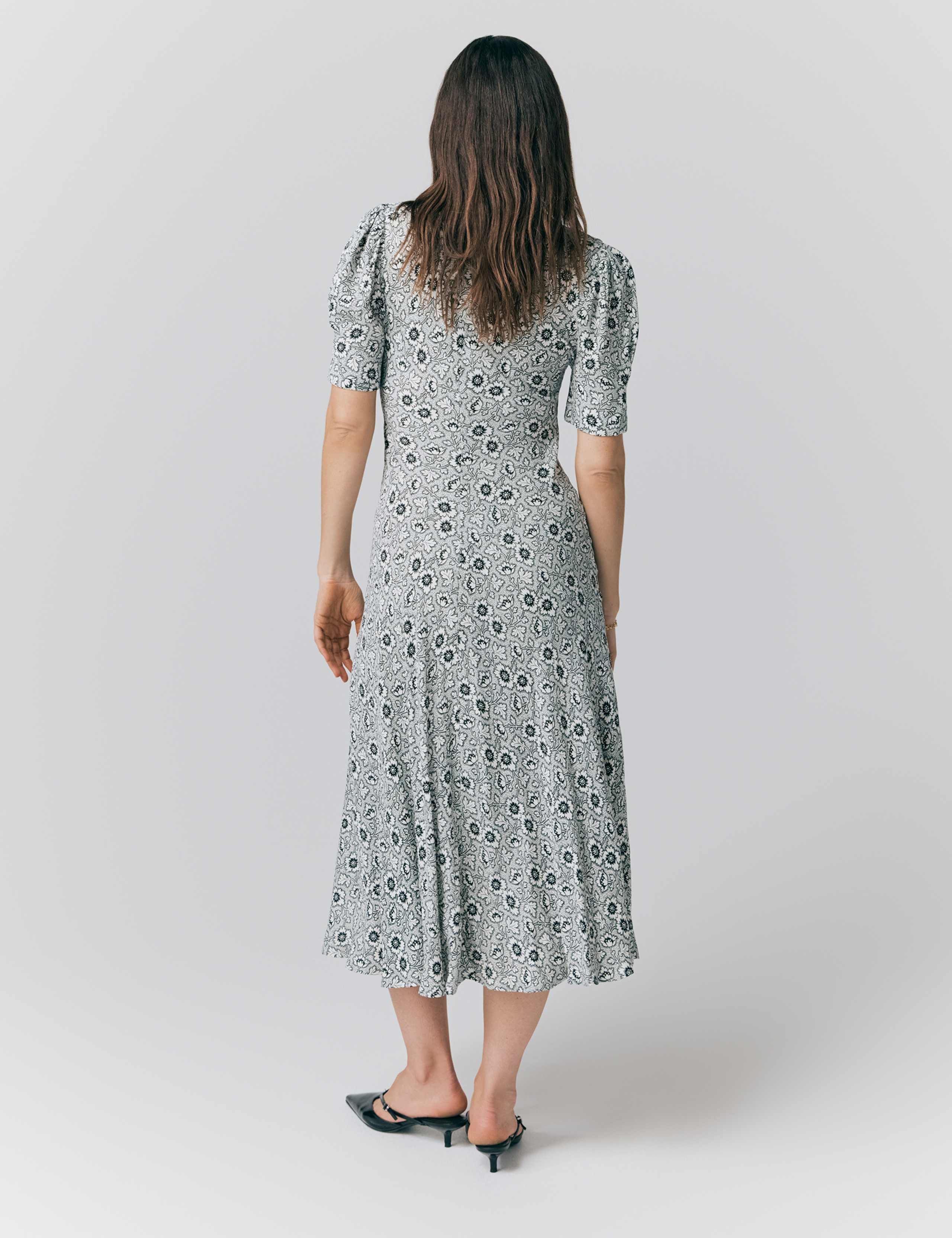 Crepe Floral V-Neck Midi Tea Dress 2 of 4