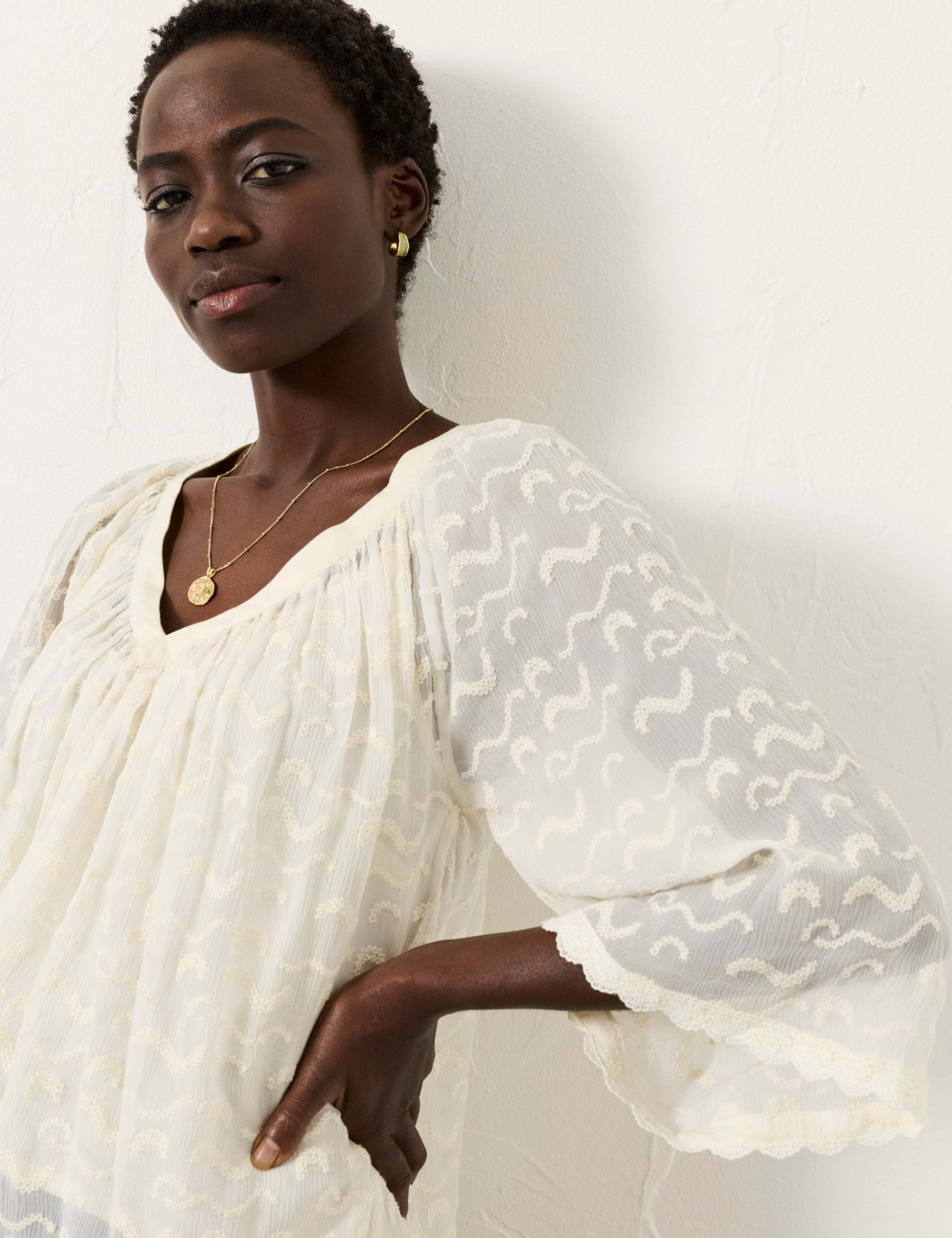 Embroidered V-Neck Scallop Trim Blouse 4 of 6