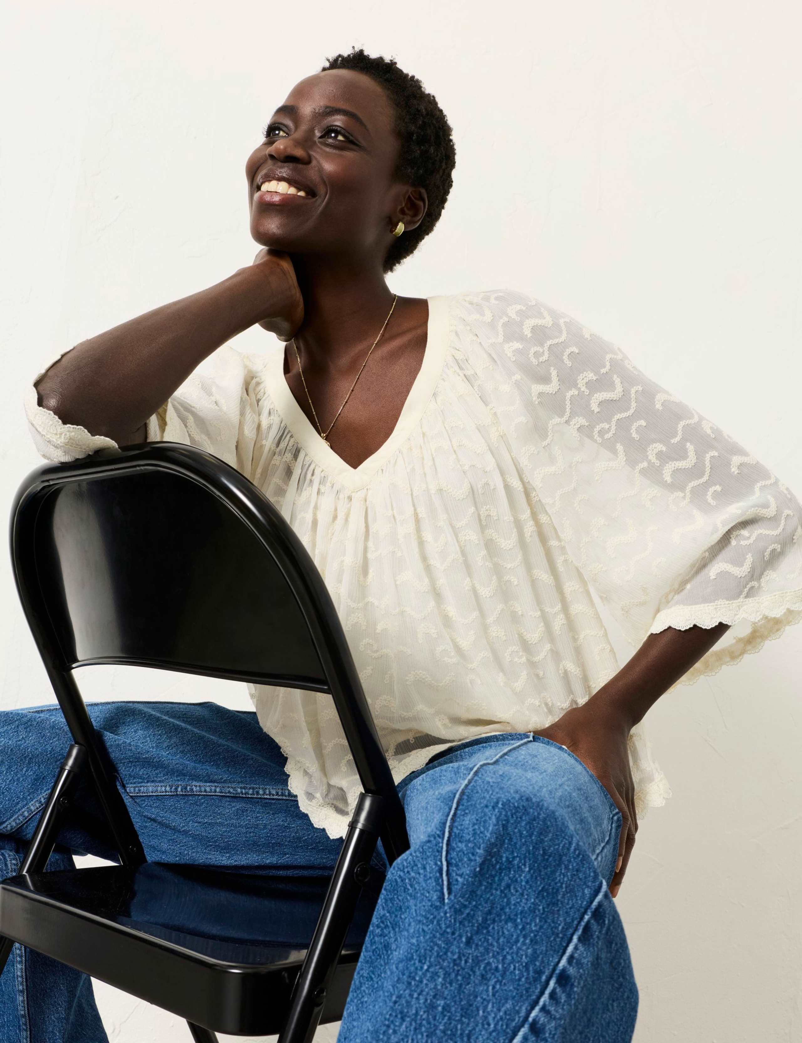 Embroidered V-Neck Scallop Trim Blouse 5 of 6