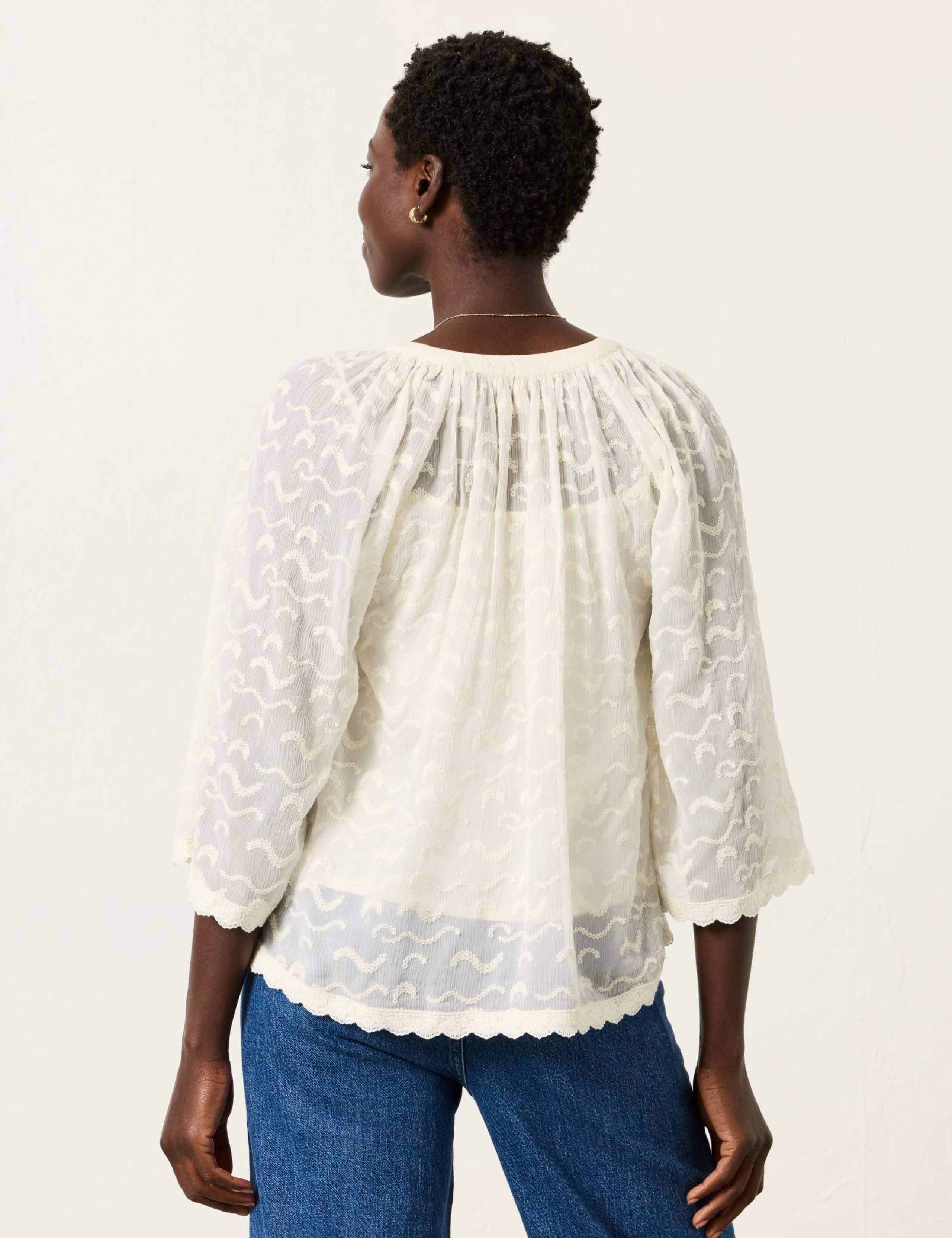 Embroidered V-Neck Scallop Trim Blouse 6 of 6