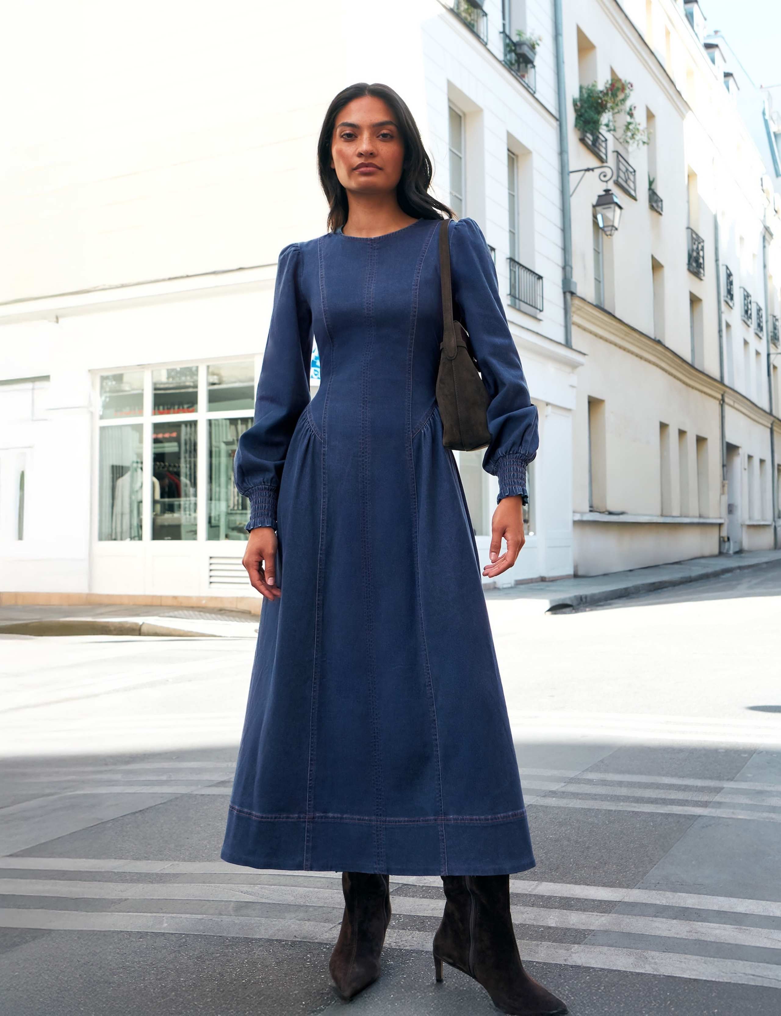 Lyocell Blend Gathered Midi Waisted Dress 3 of 6