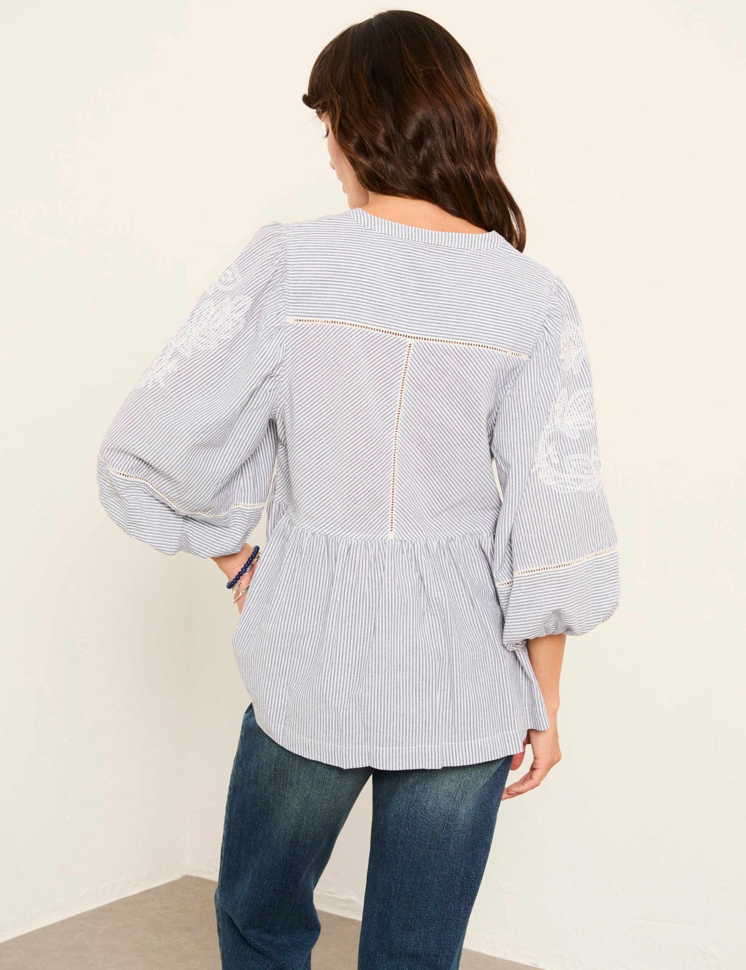 Pure Cotton Embroidered Striped V-Neck Blouse 3 of 6