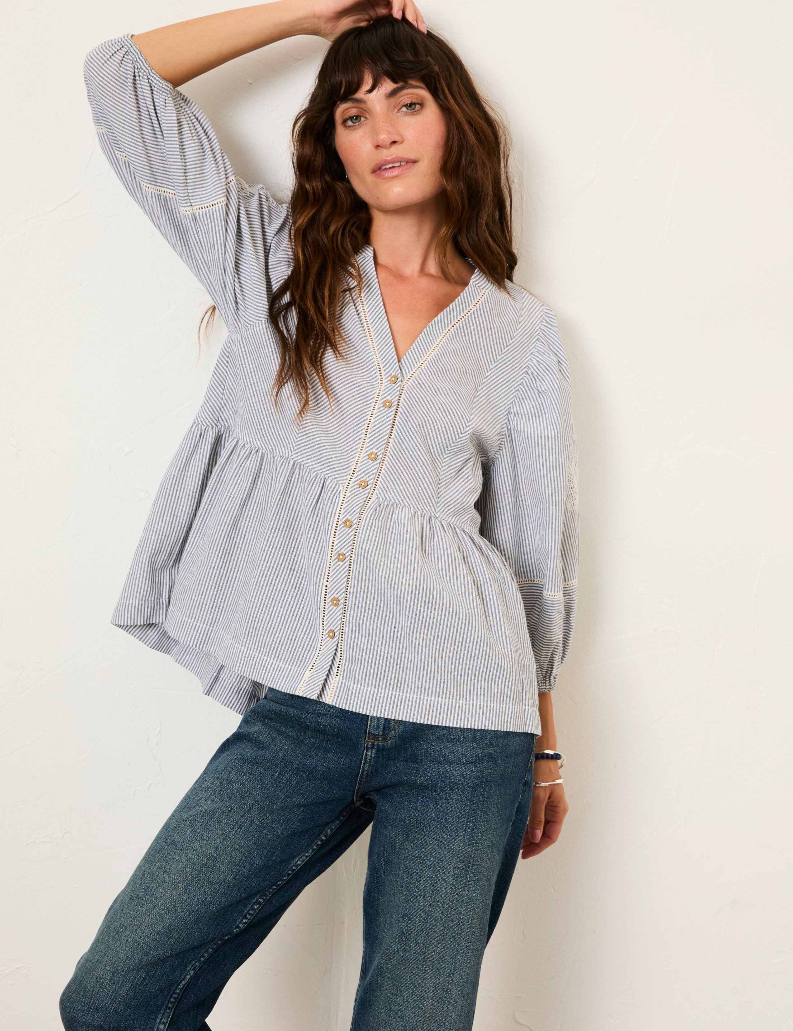 Pure Cotton Embroidered Striped V-Neck Blouse 4 of 6