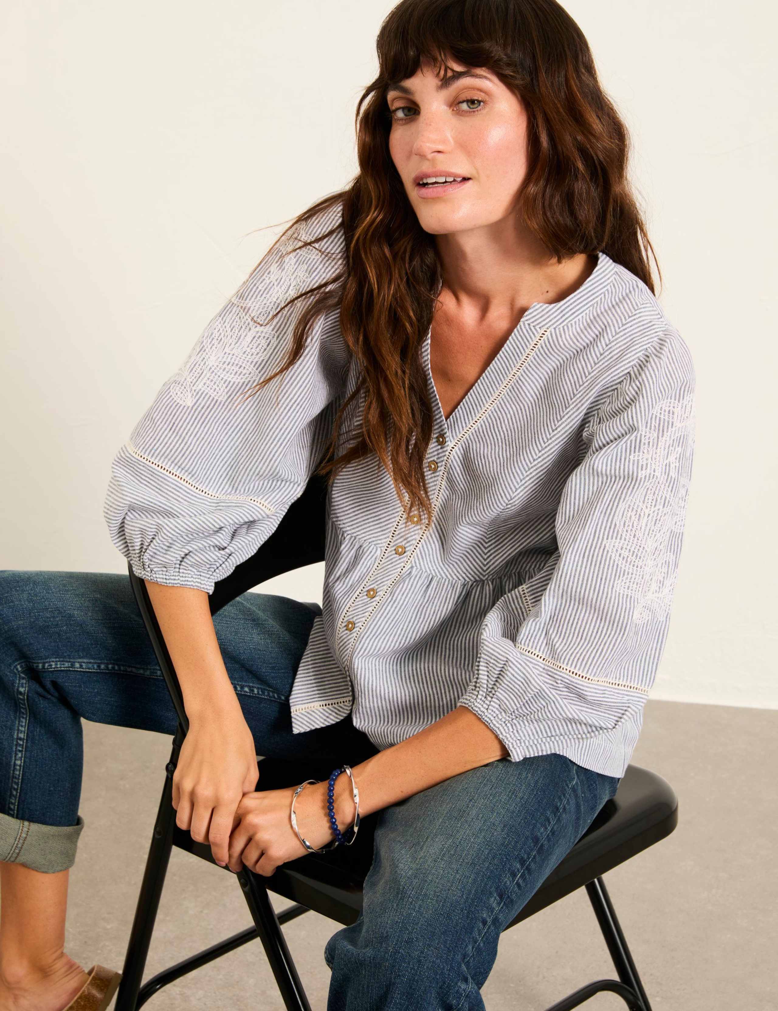 Pure Cotton Embroidered Striped V-Neck Blouse 5 of 6