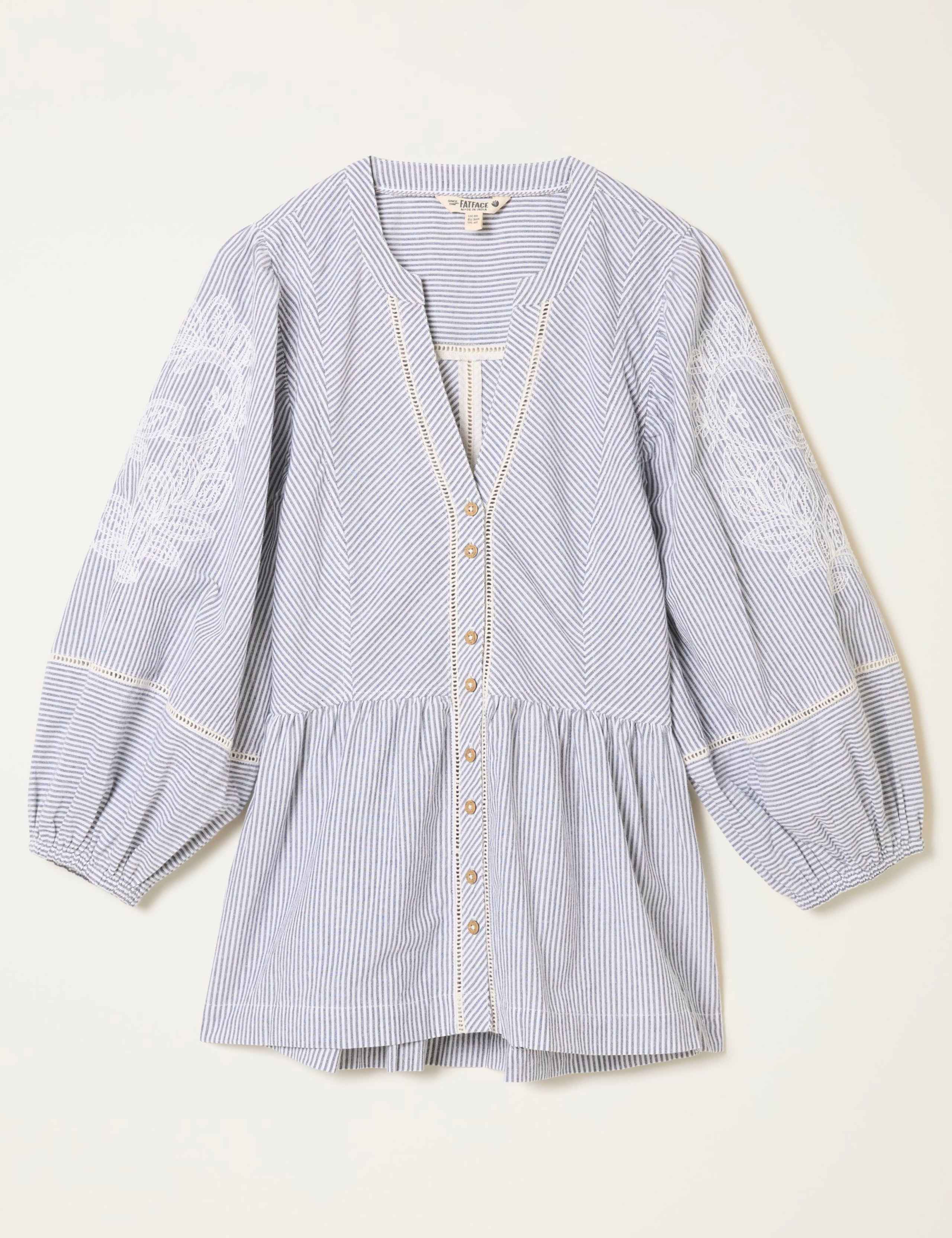 Pure Cotton Embroidered Striped V-Neck Blouse 2 of 6