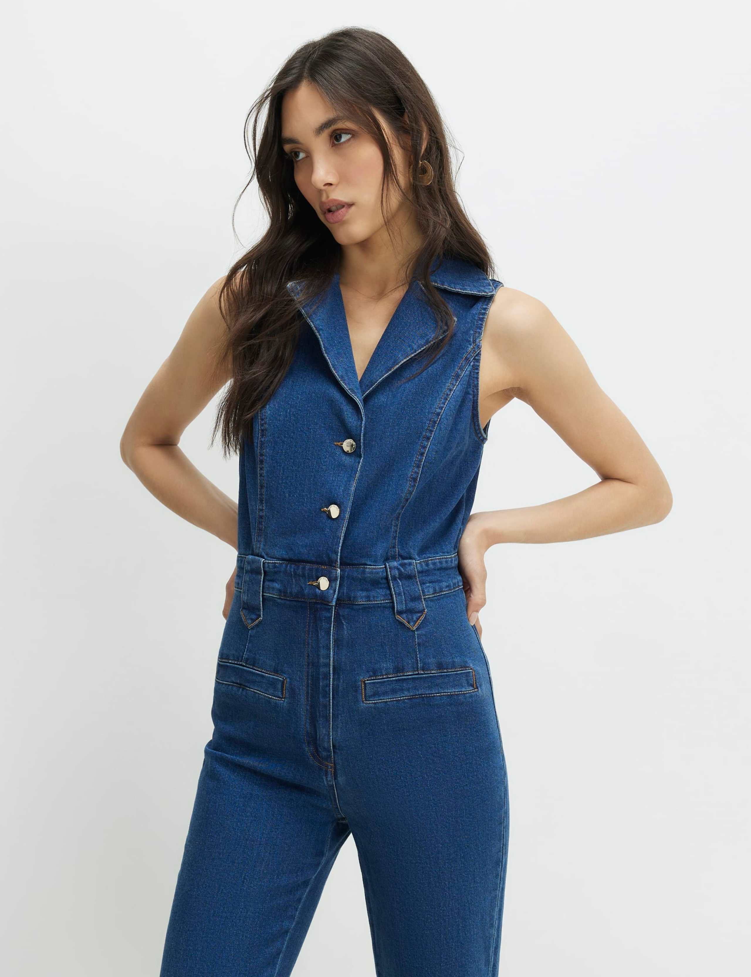 Denim Button Front Sleeveless Jumpsuit 2 of 4