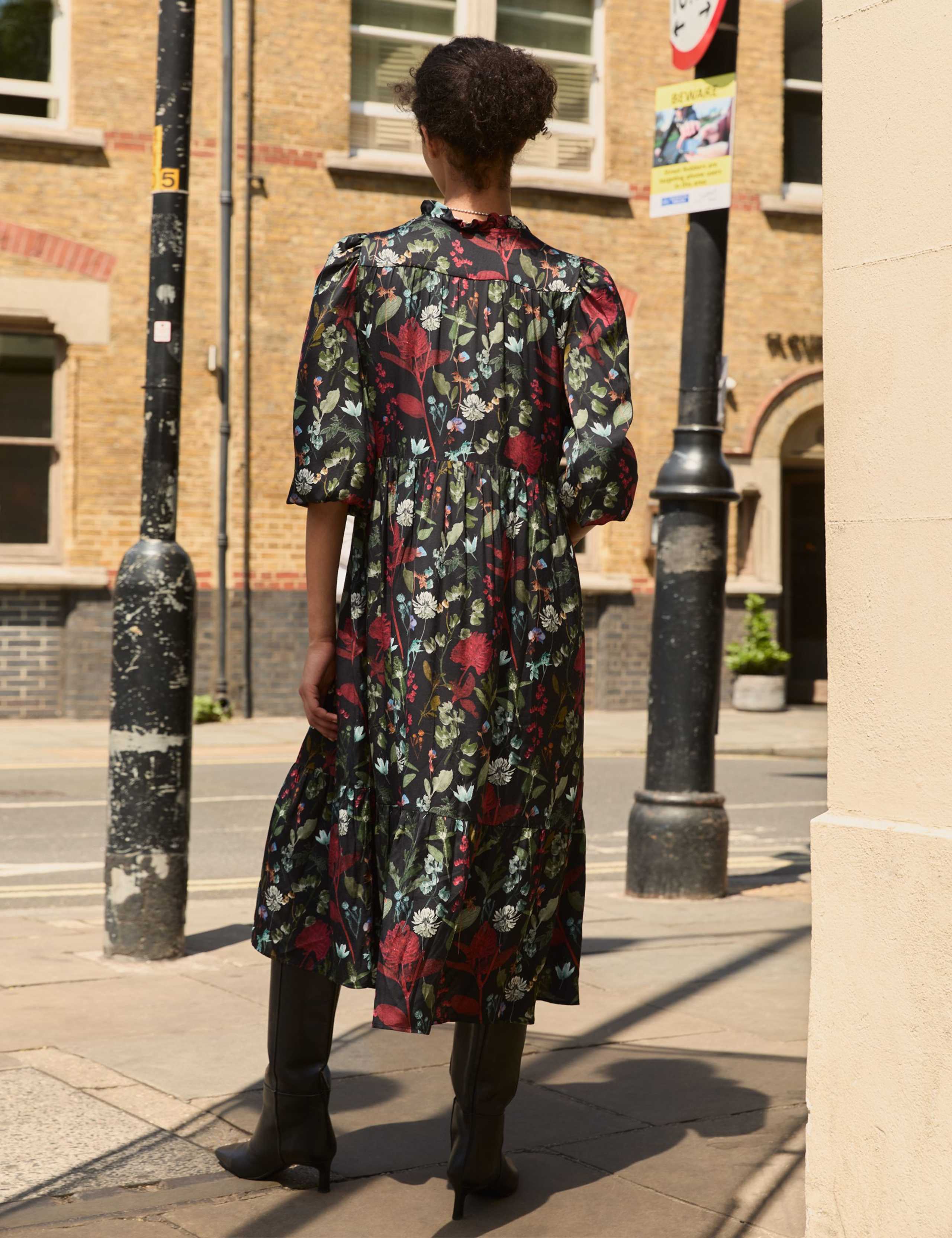 Satin Floral Frill Collar Midi Waisted Dress 3 of 4