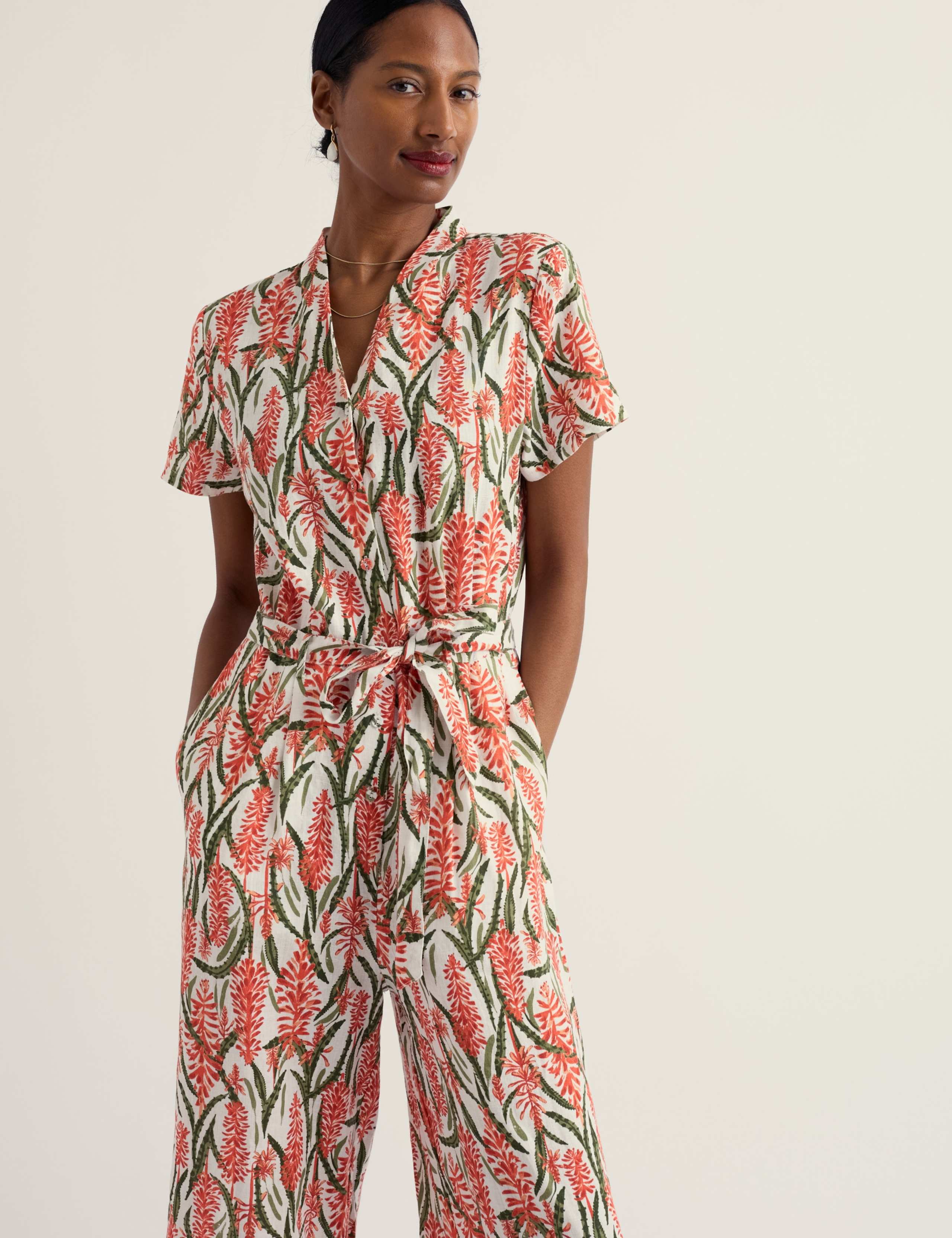 Pure Linen Floral Cropped Jumpsuit 4 of 5