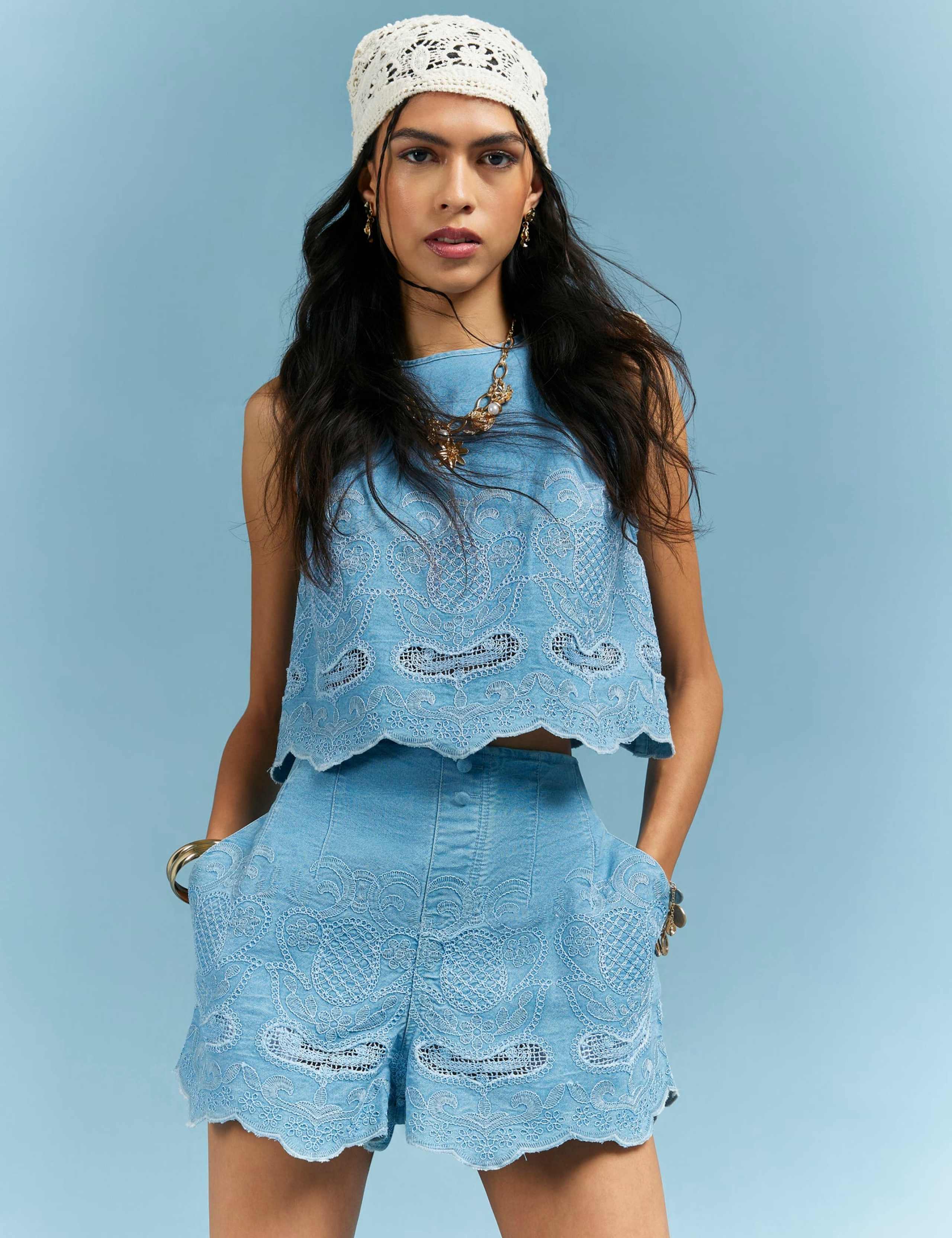 Denim Embroidered High Waisted Shorts 1 of 4