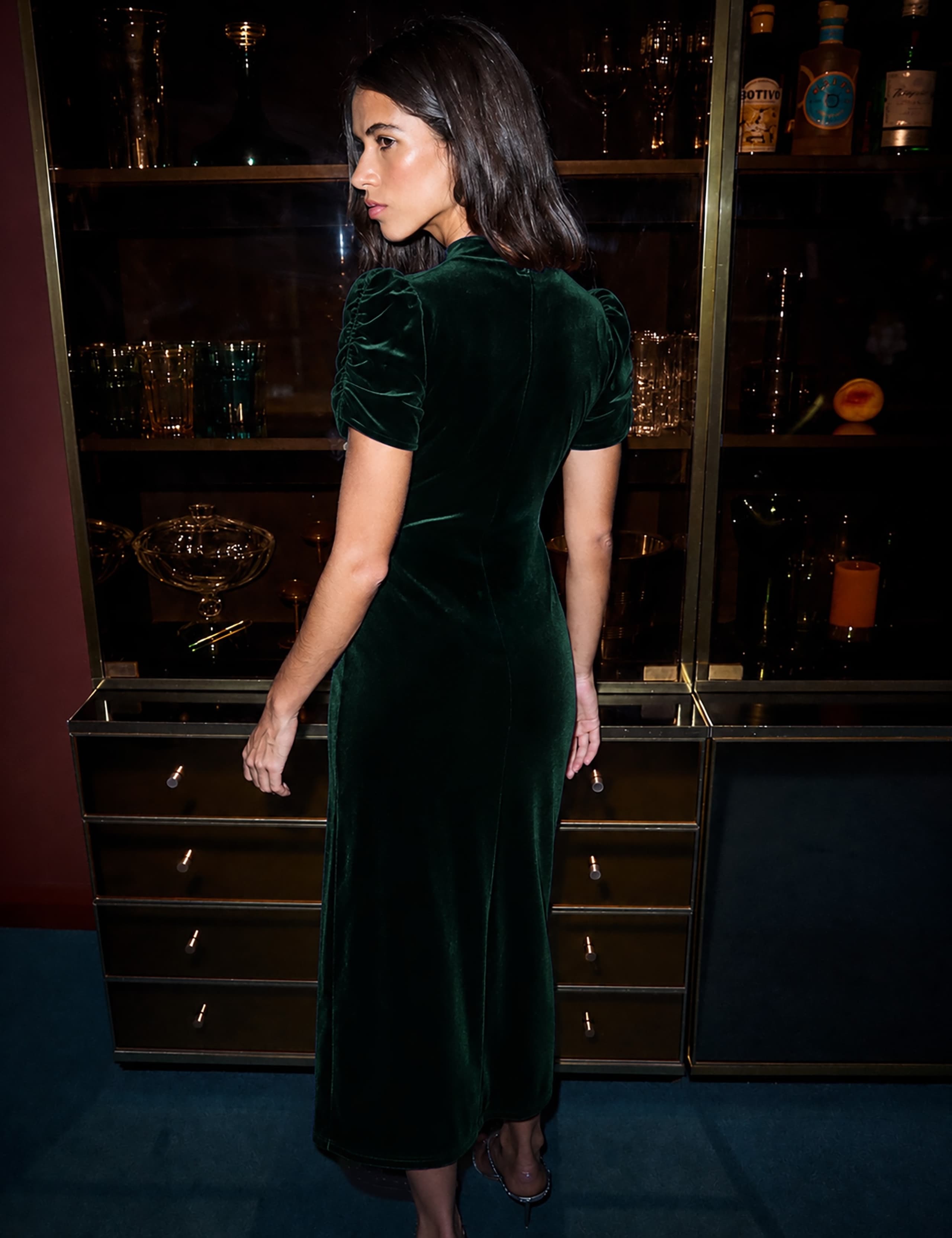 Velvet High Neck Puff Sleeve Midi Column Dress 3 of 3