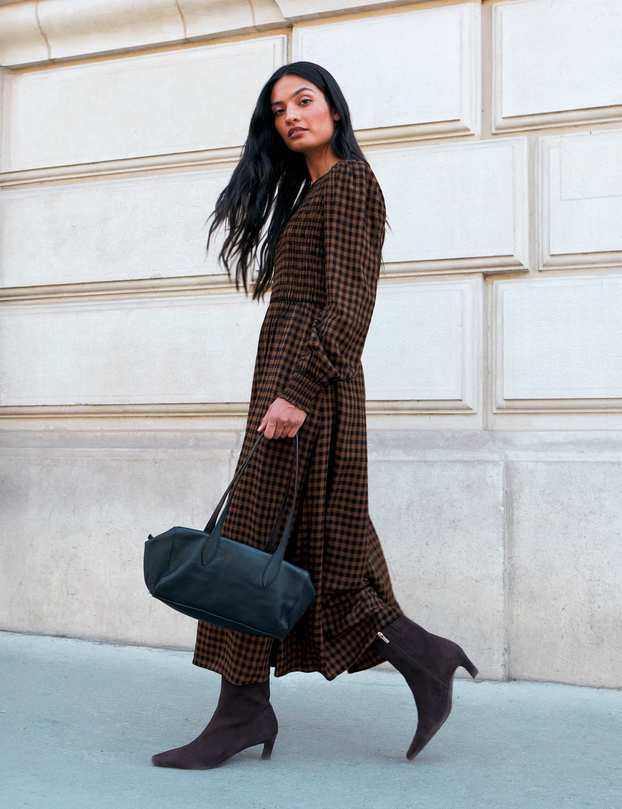 Checked Shirred Midi Waisted Dress 1 of 6