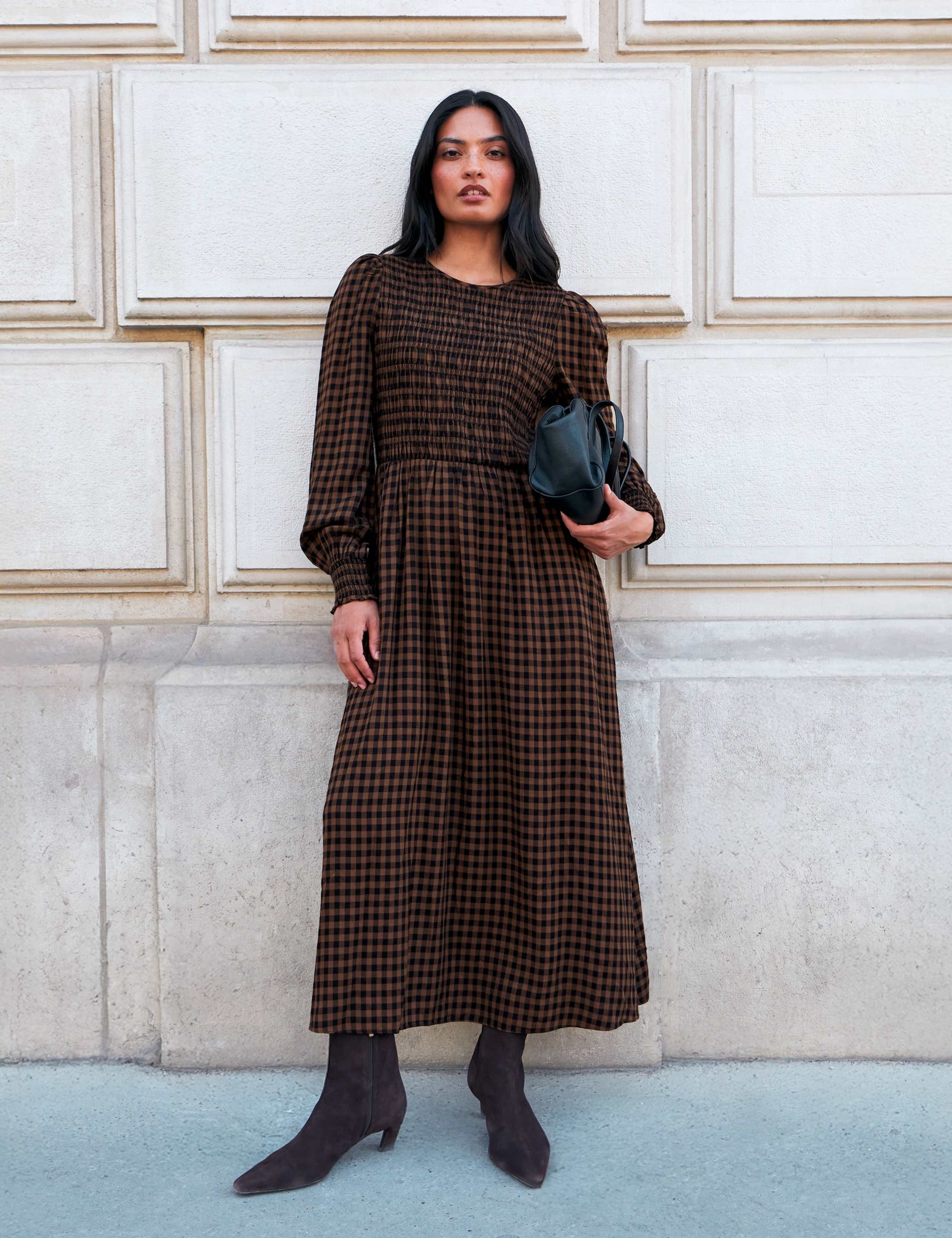 Checked Shirred Midi Waisted Dress 2 of 6