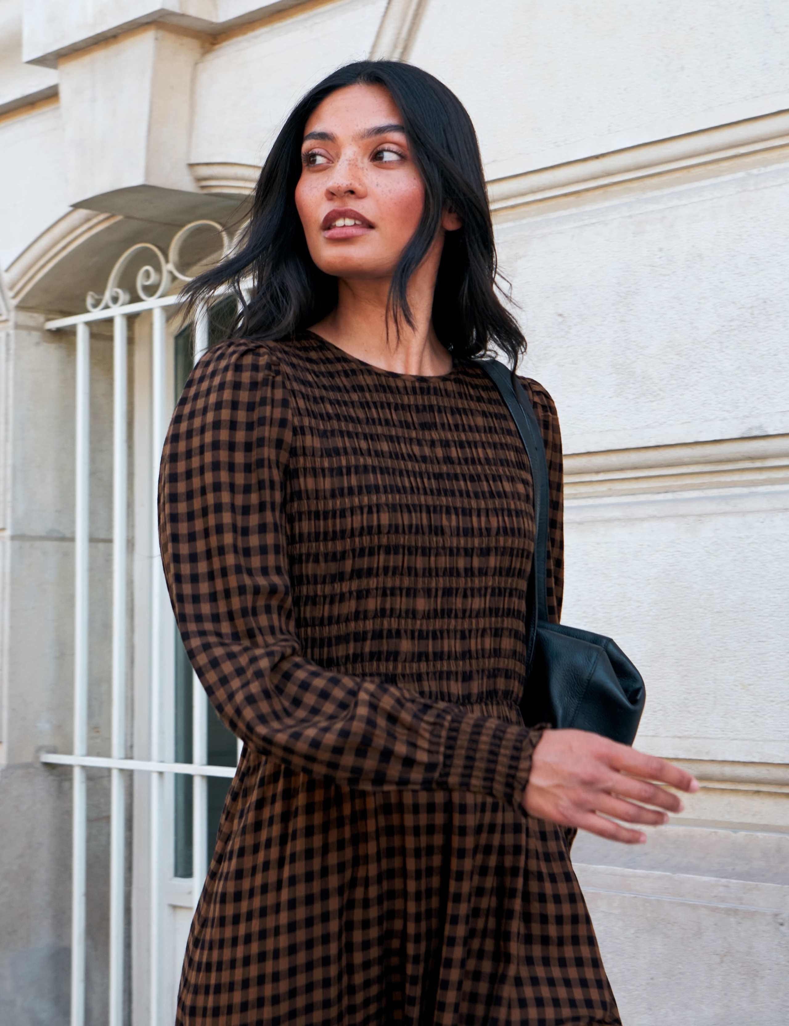 Checked Shirred Midi Waisted Dress 3 of 6