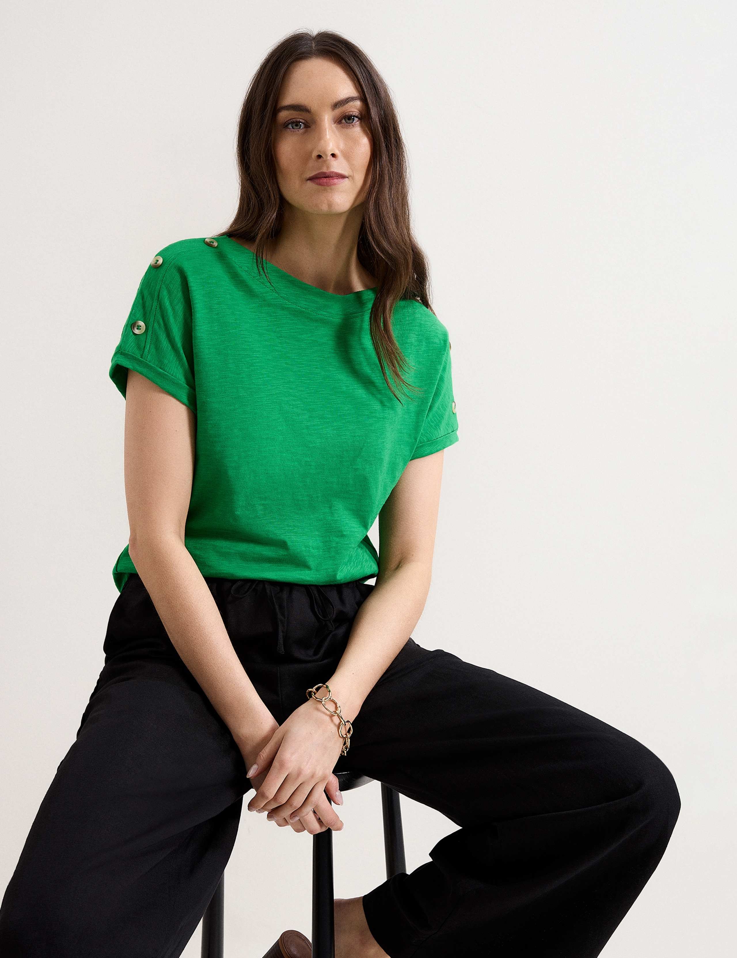 Pure Cotton Slash Neck Button Detail T-Shirt 3 of 6