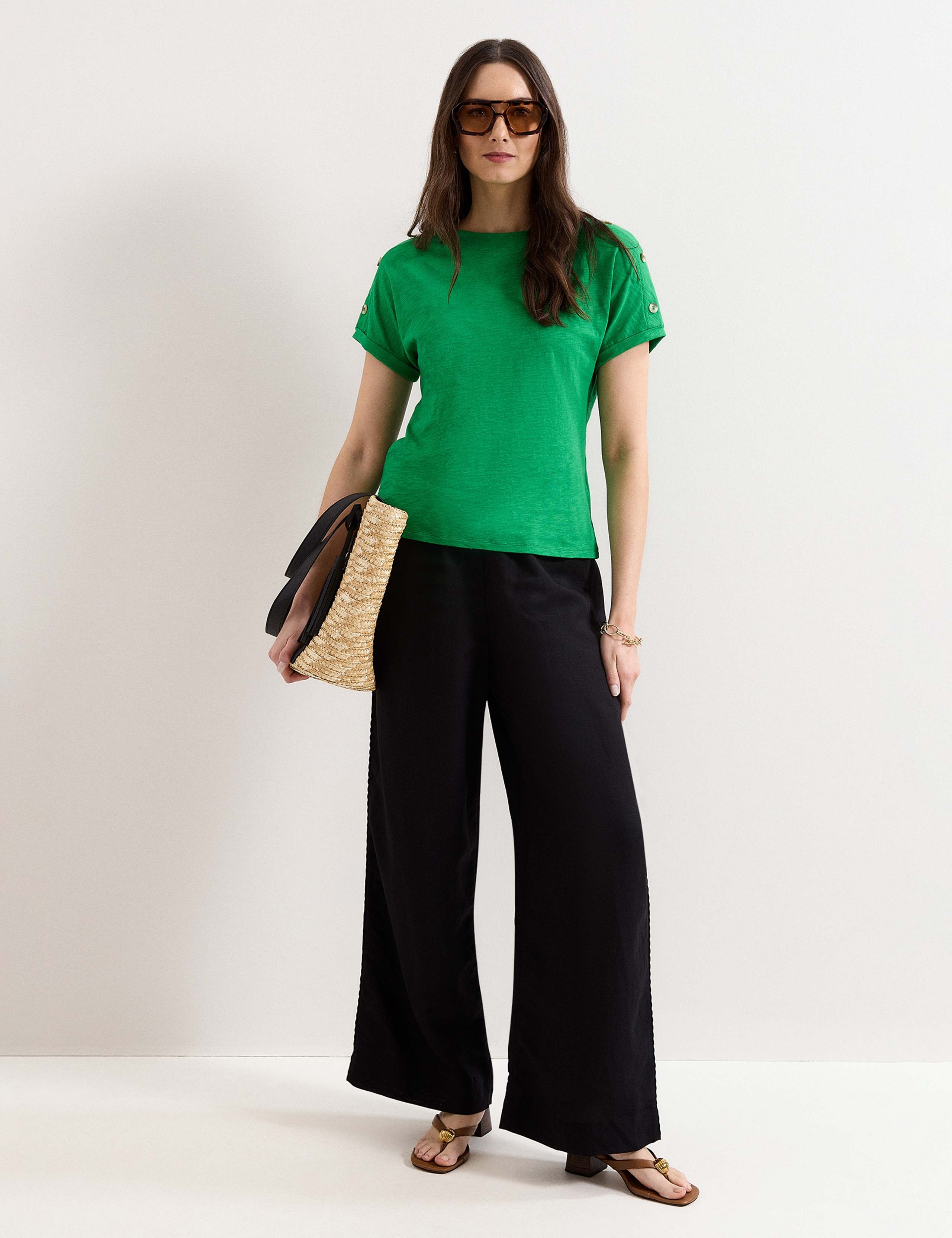 Pure Cotton Slash Neck Button Detail T-Shirt 4 of 6
