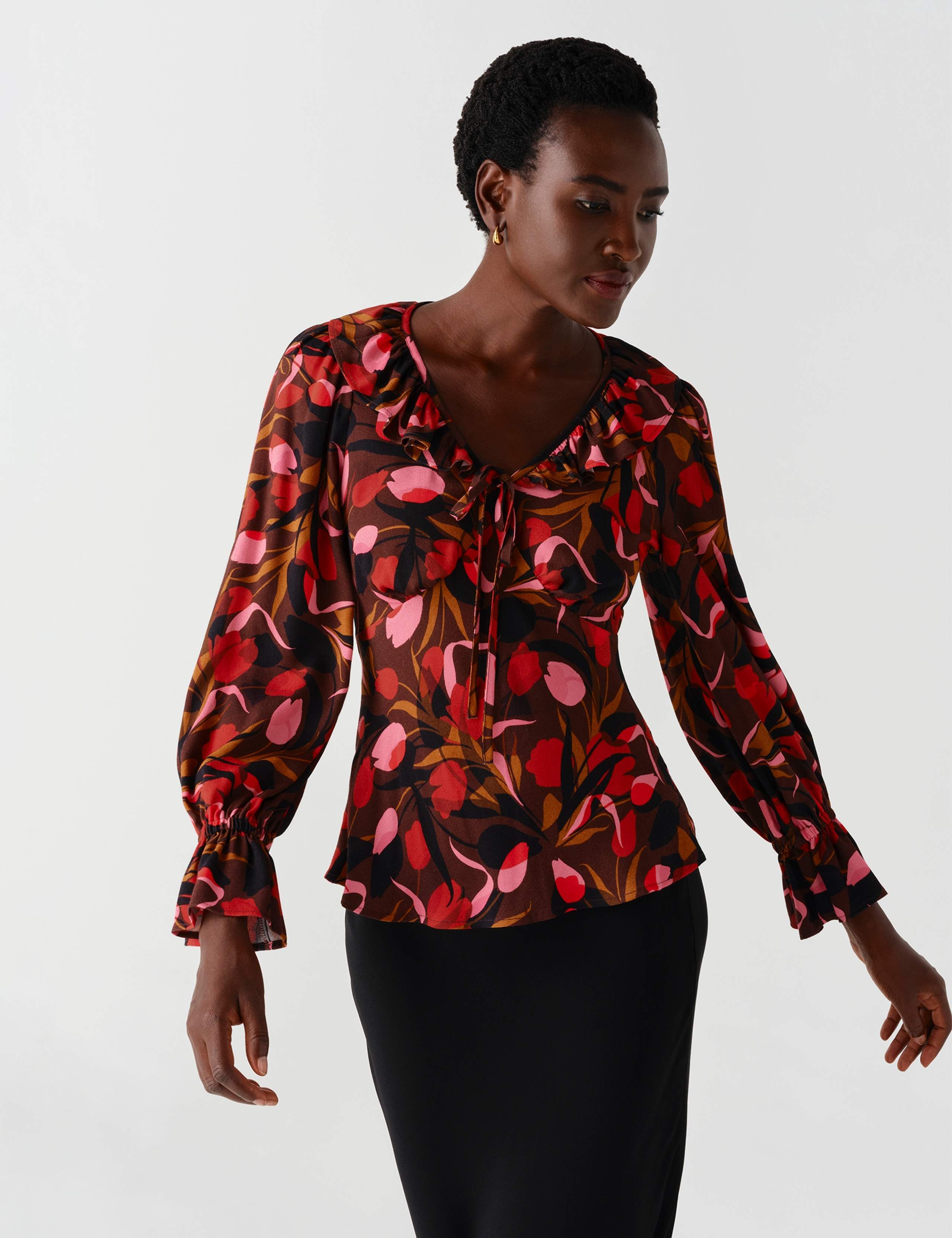 Crepe Floral V Neck Frill Detail Top 3 of 12