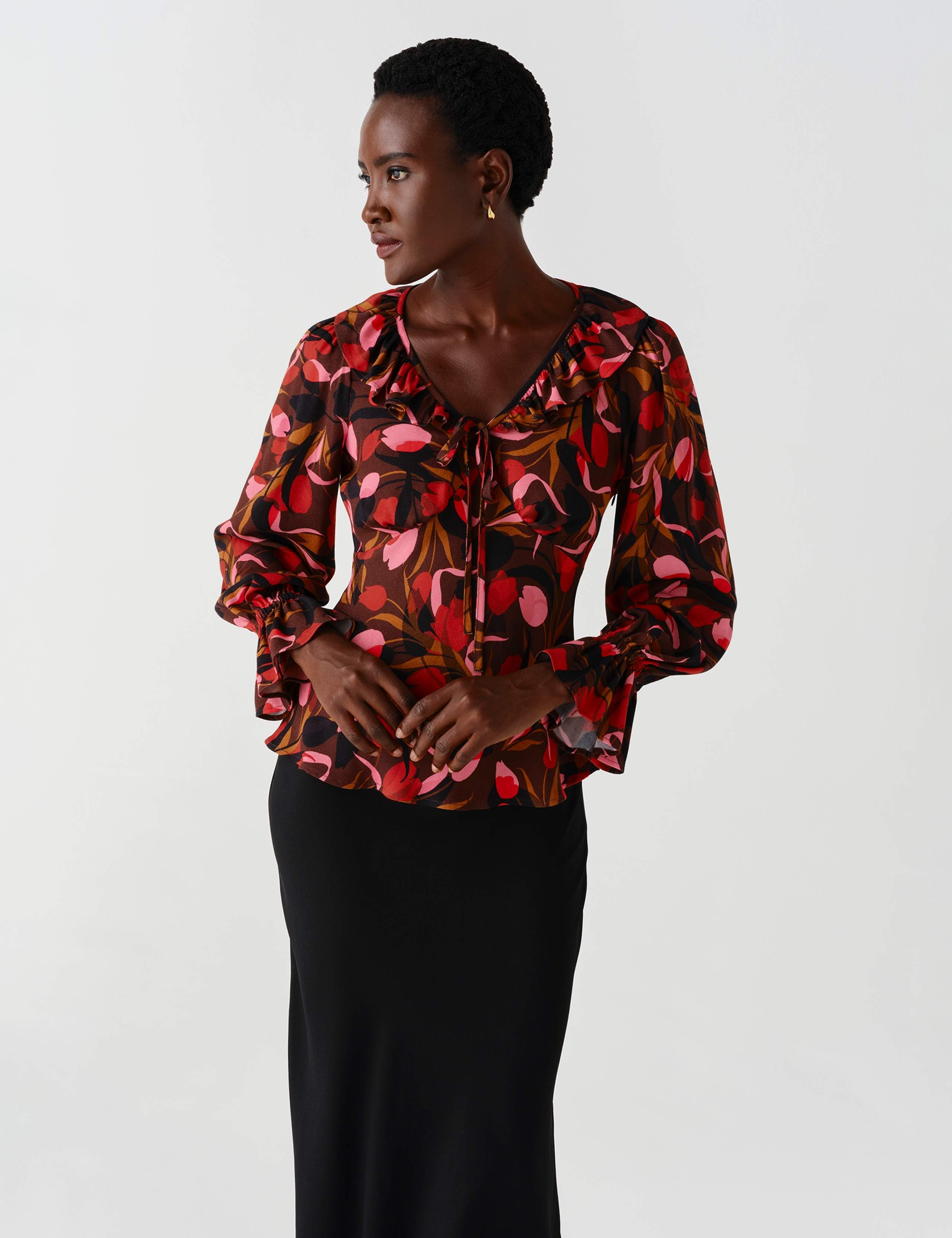 Crepe Floral V Neck Frill Detail Top 7 of 12