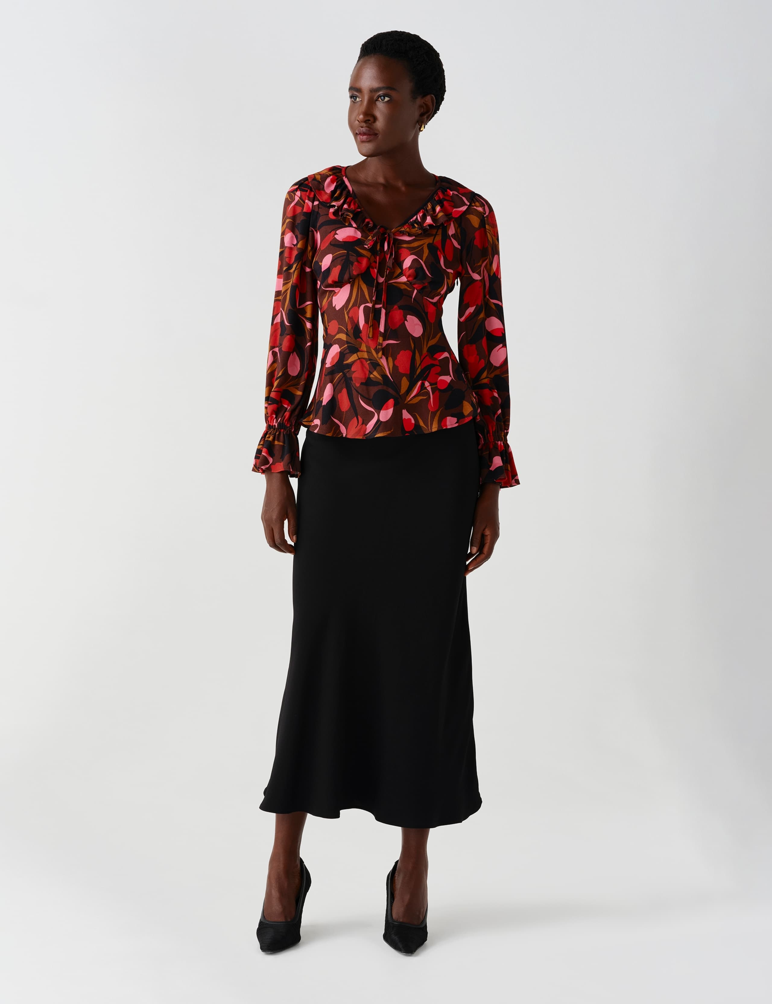 Crepe Floral V Neck Frill Detail Top 10 of 12
