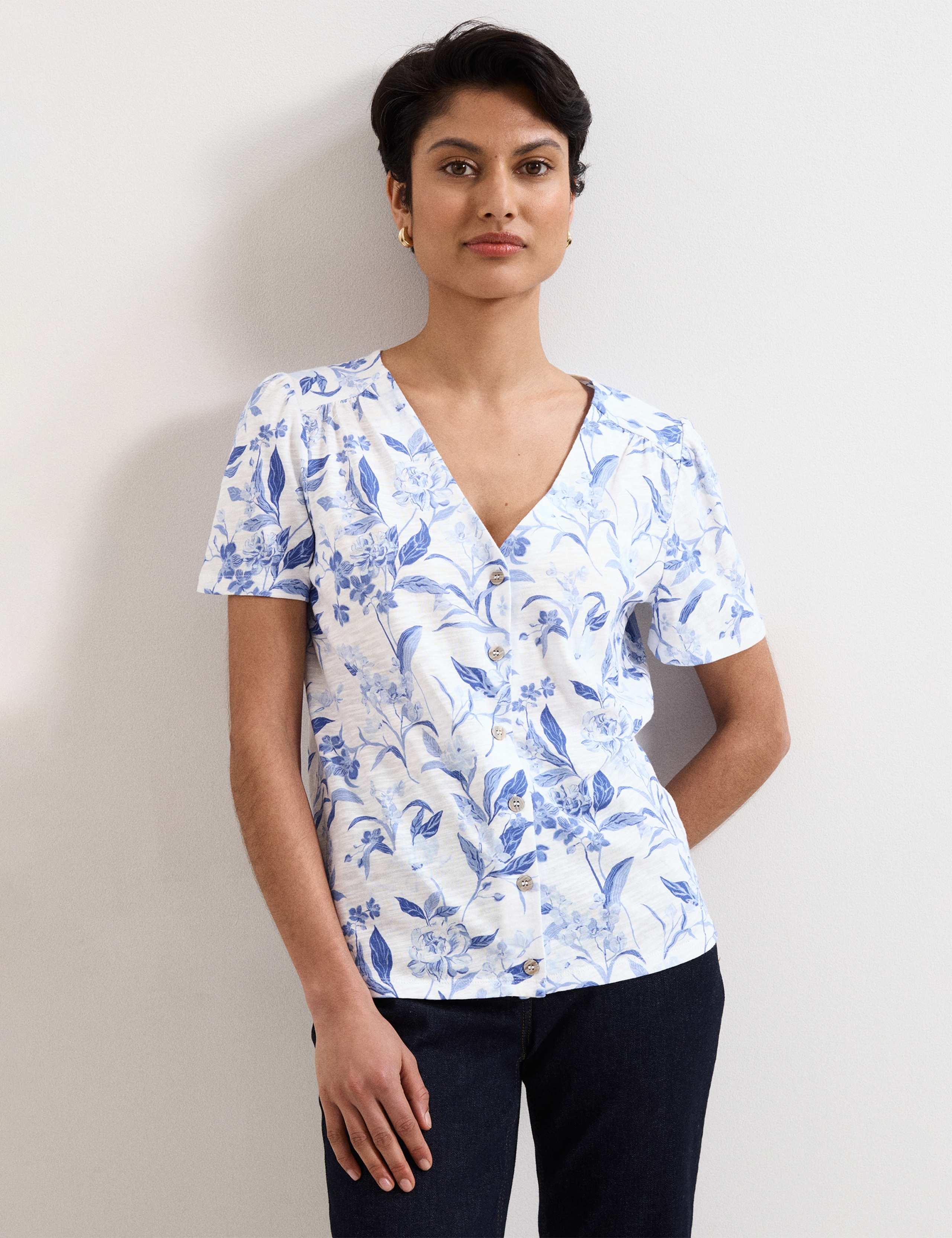 Pure Cotton Floral V-Neck Button Front Top 1 of 6