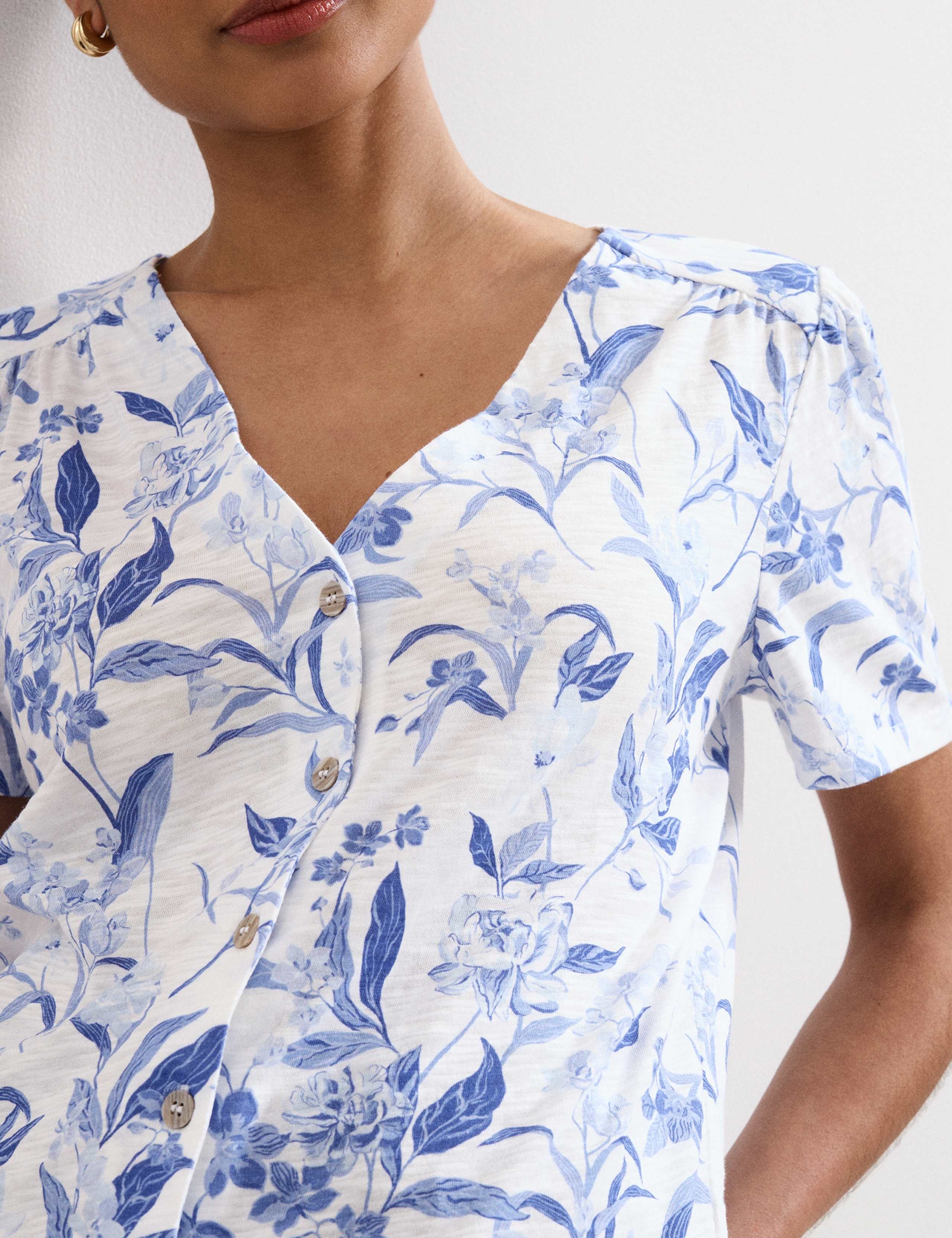 Pure Cotton Floral V-Neck Button Front Top 3 of 6