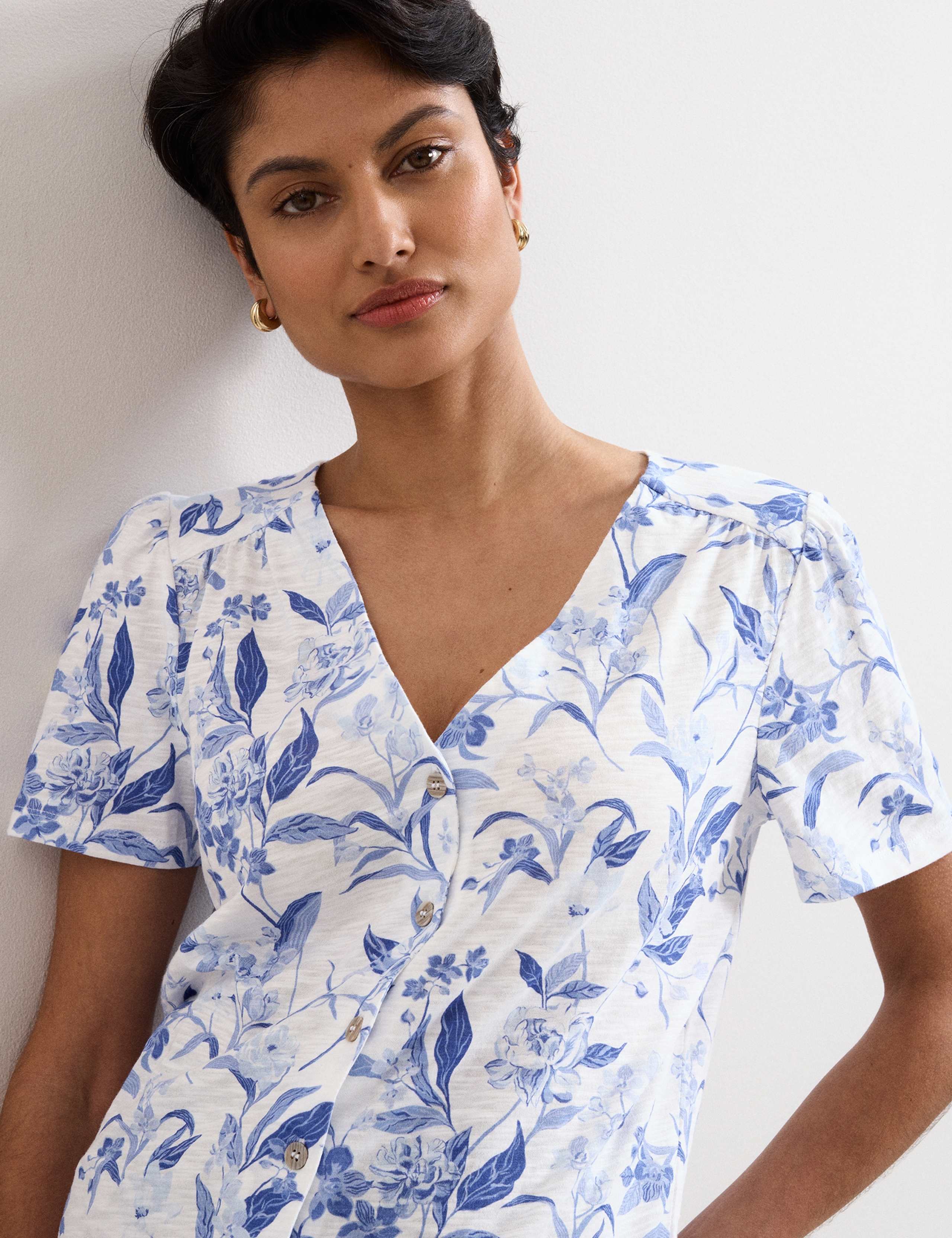 Pure Cotton Floral V-Neck Button Front Top 5 of 6