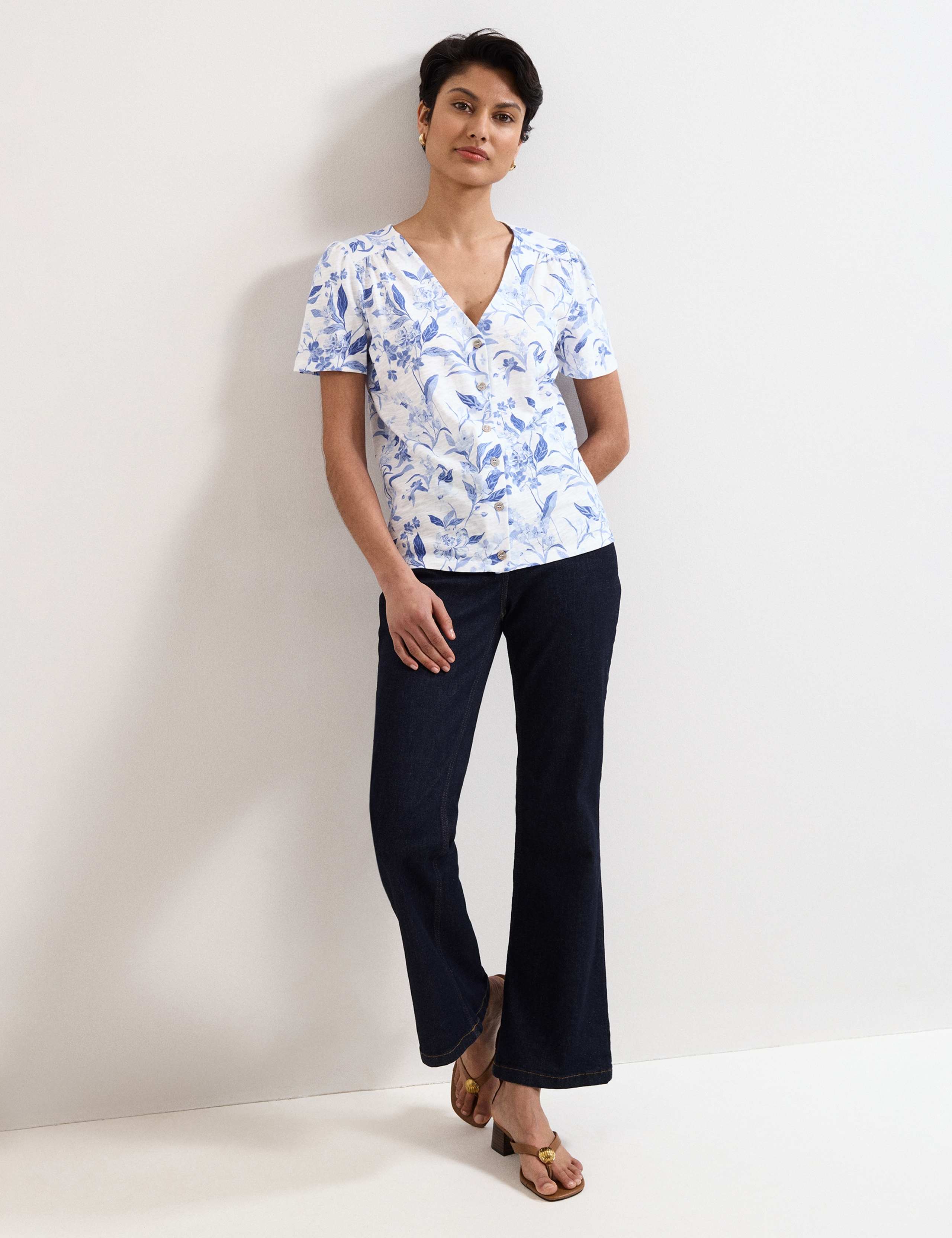 Pure Cotton Floral V-Neck Button Front Top 6 of 6