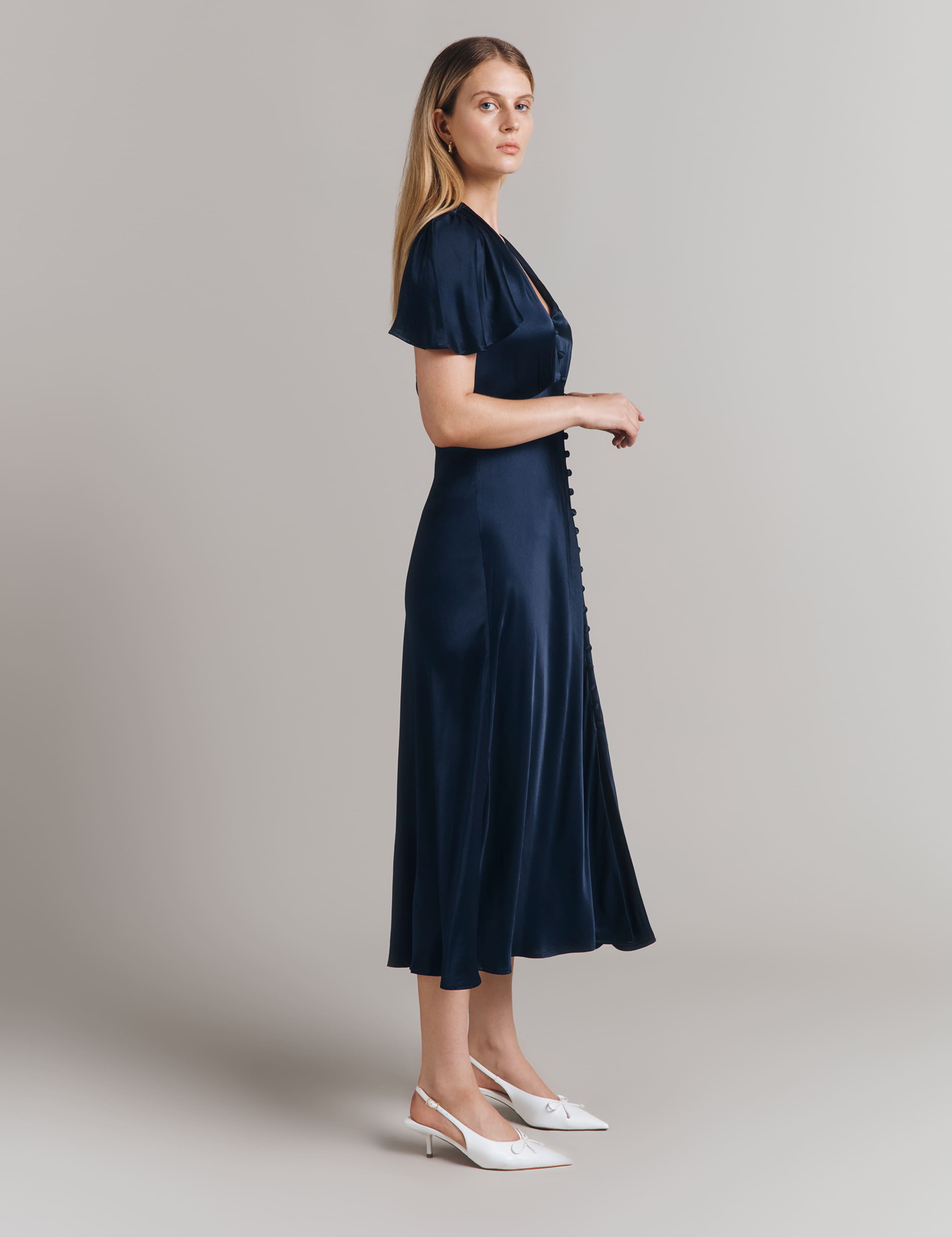 Satin V-Neck Midi Skater Dress 3 of 4