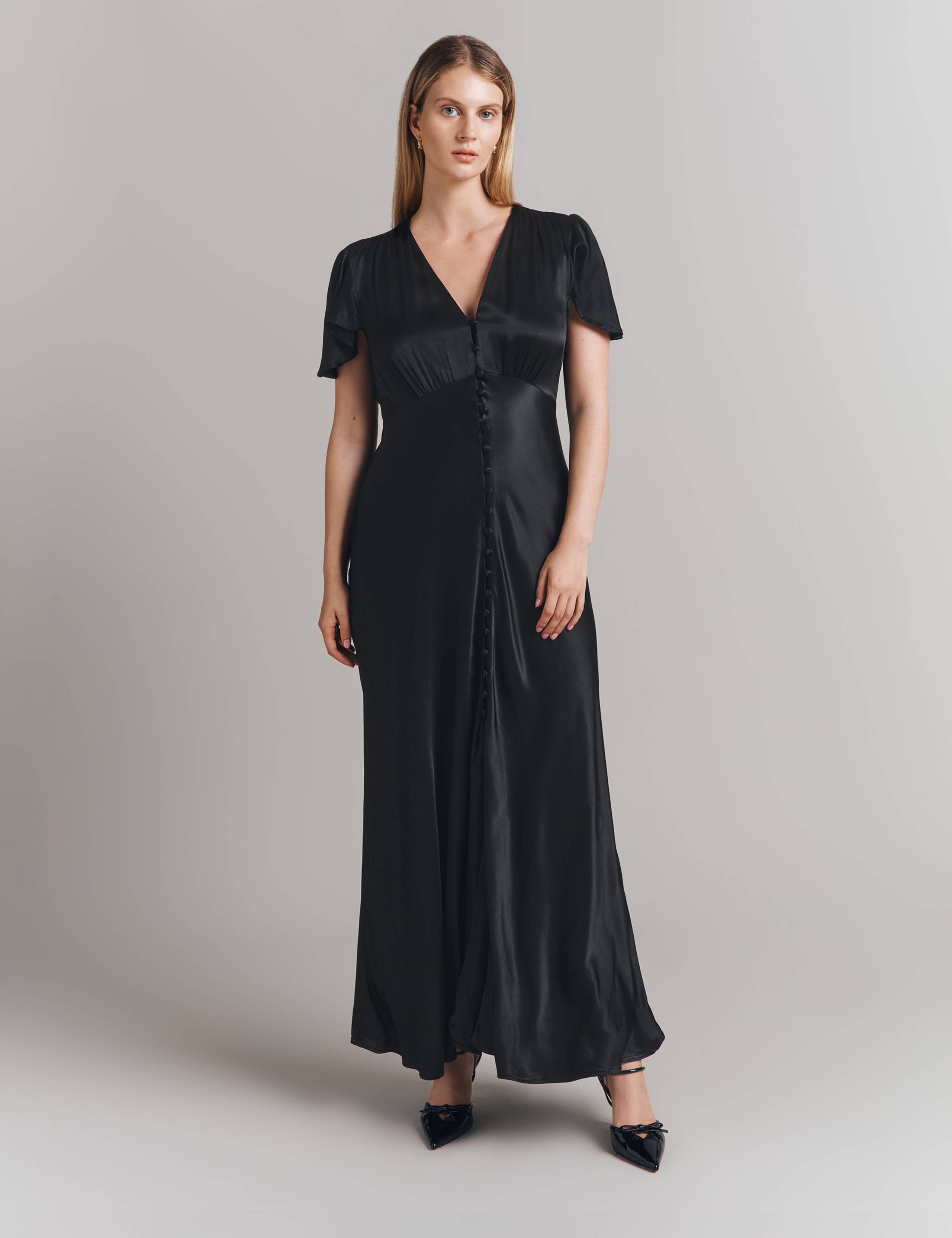 Satin V-Neck Midi Skater Dress 1 of 5