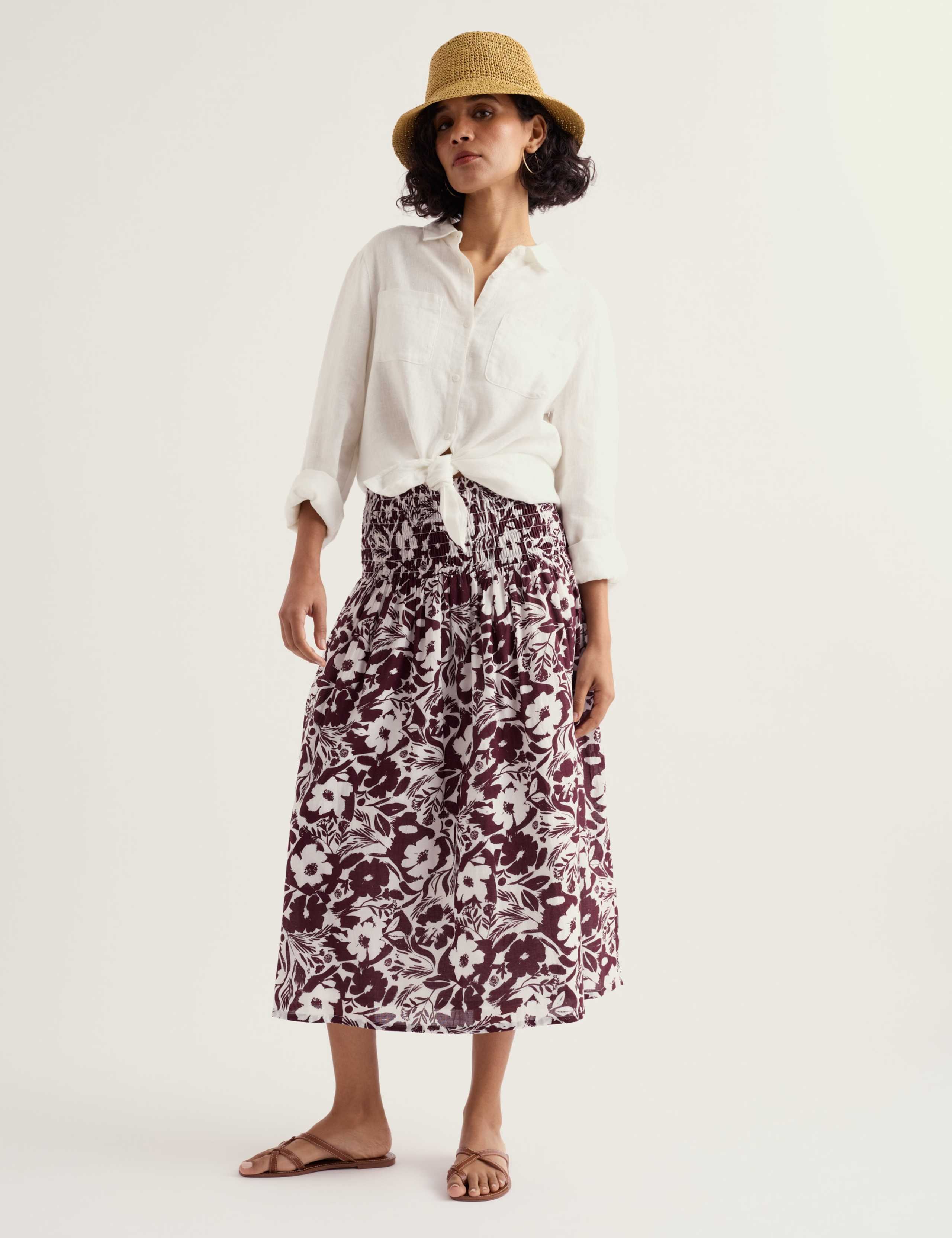 Pure Cotton Voile Floral Shirred Midi Skirt 1 of 5