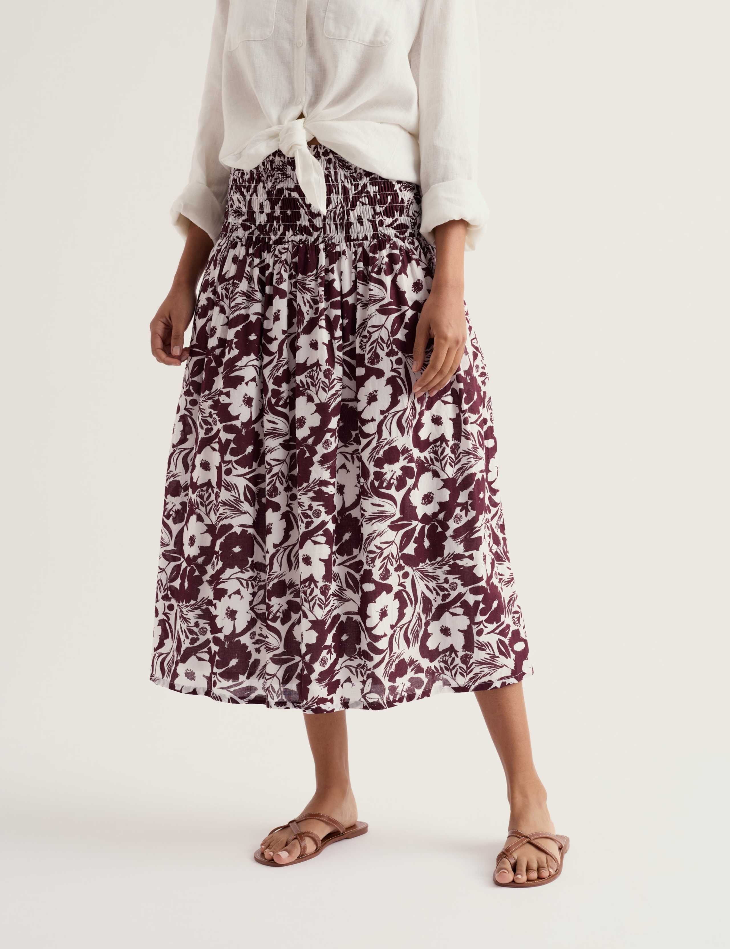 Pure Cotton Voile Floral Shirred Midi Skirt 3 of 5