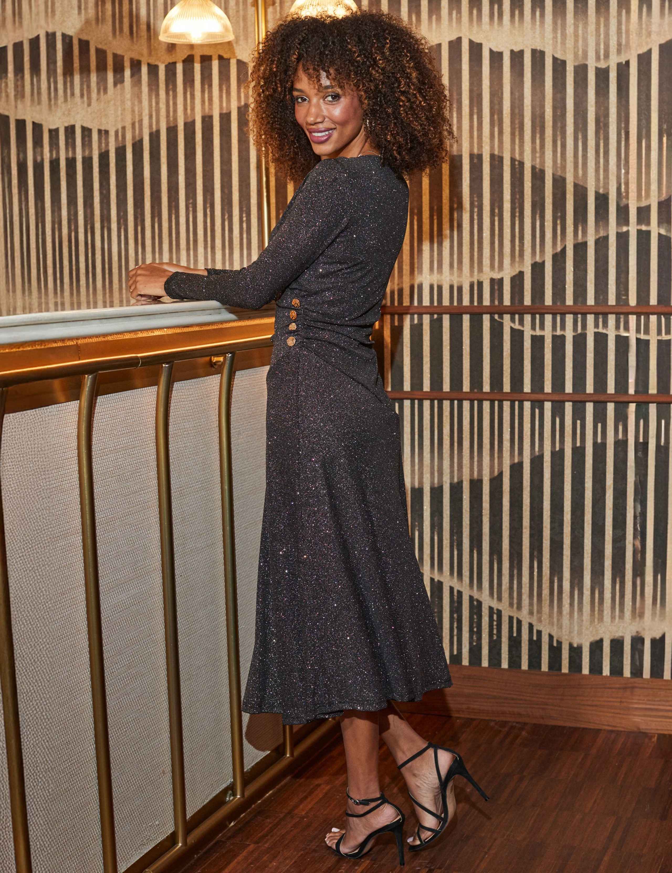 Sparkly V-Neck Ruched Midi Skater Dress 2 of 6