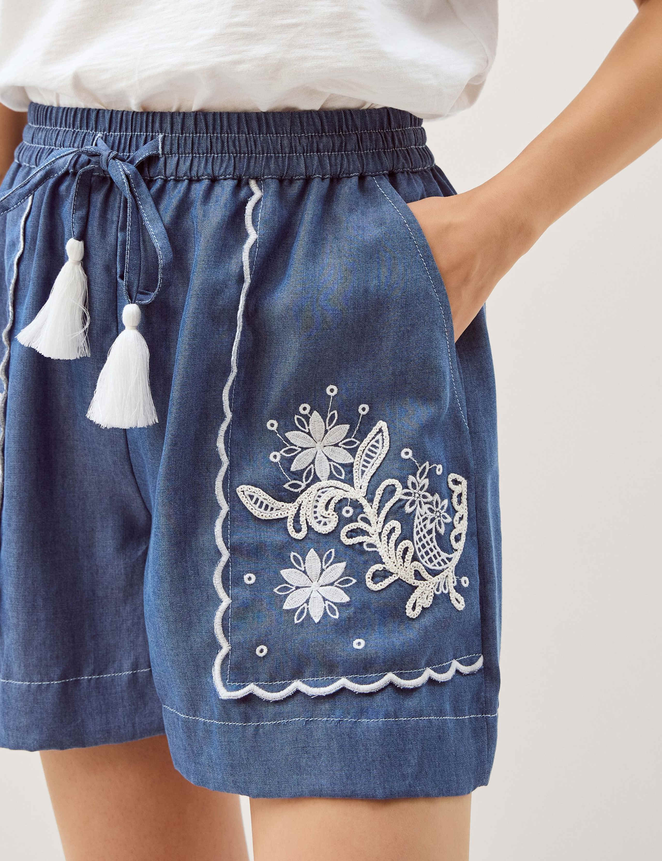 Lyocell Denim Embroidered Drawstring Shorts 2 of 4