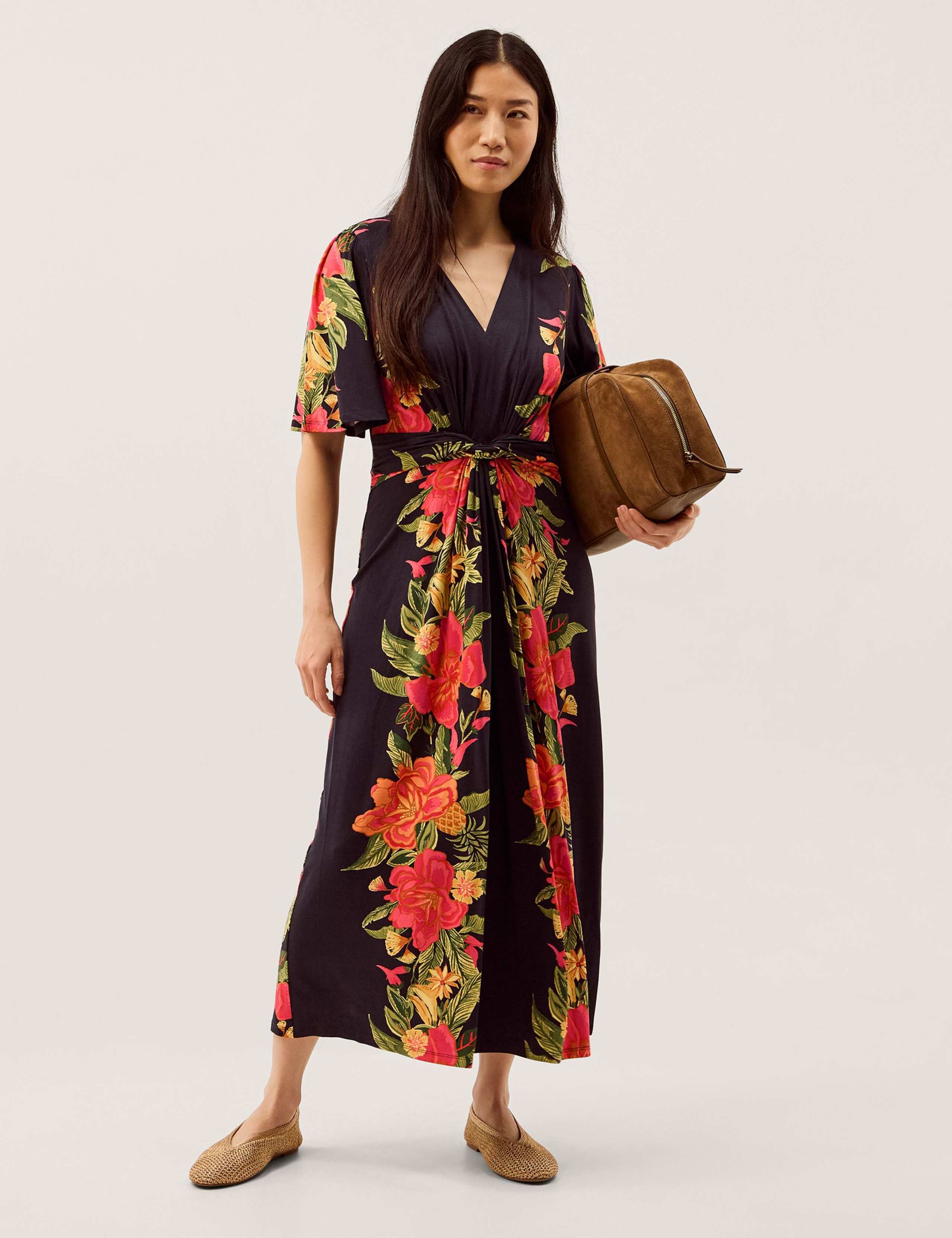 Jersey Floral V-Neck Midi Waisted Dress 1 of 6