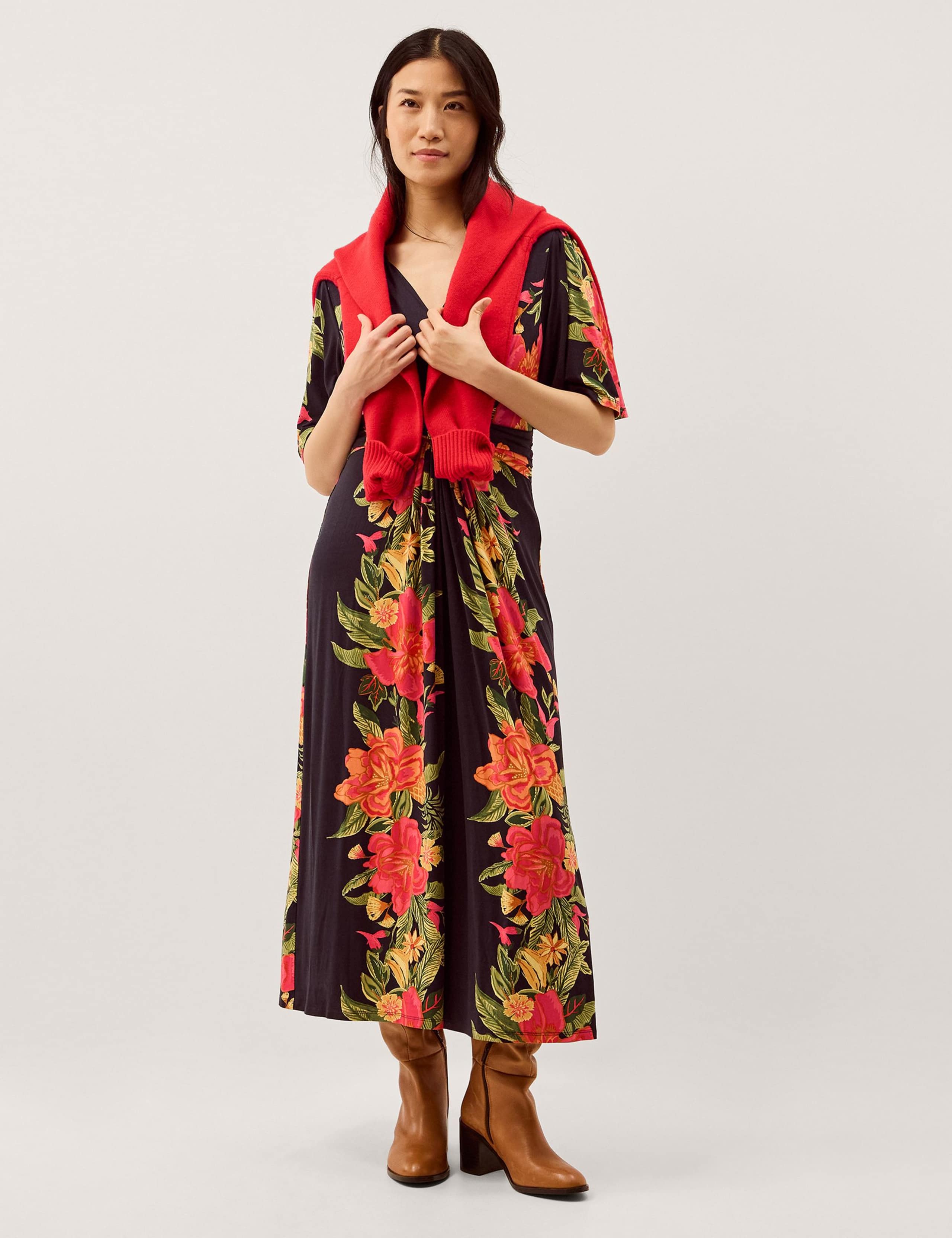Jersey Floral V-Neck Midi Waisted Dress 4 of 6