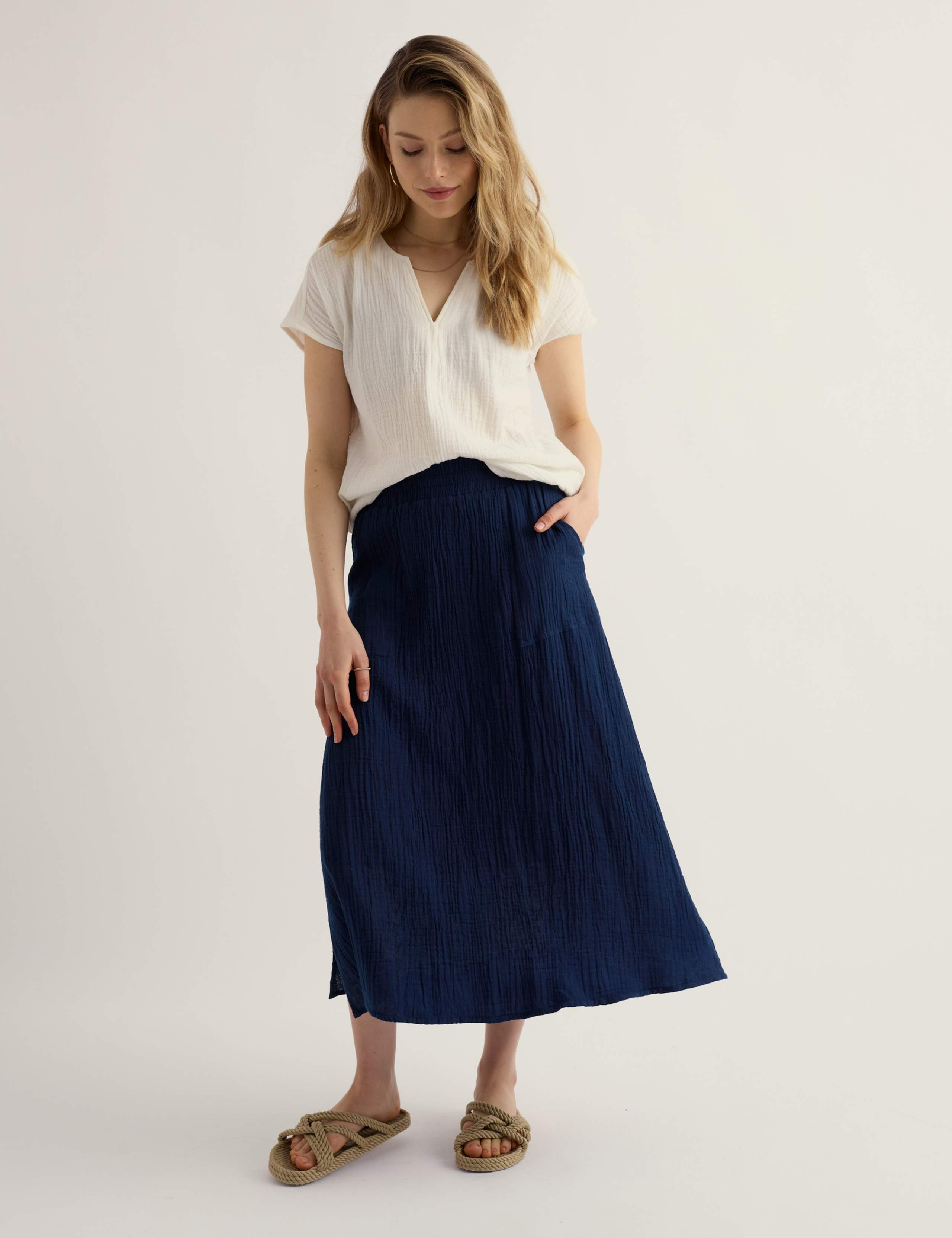 Pure Cotton Textured Midi A-Line Skirt 1 of 5