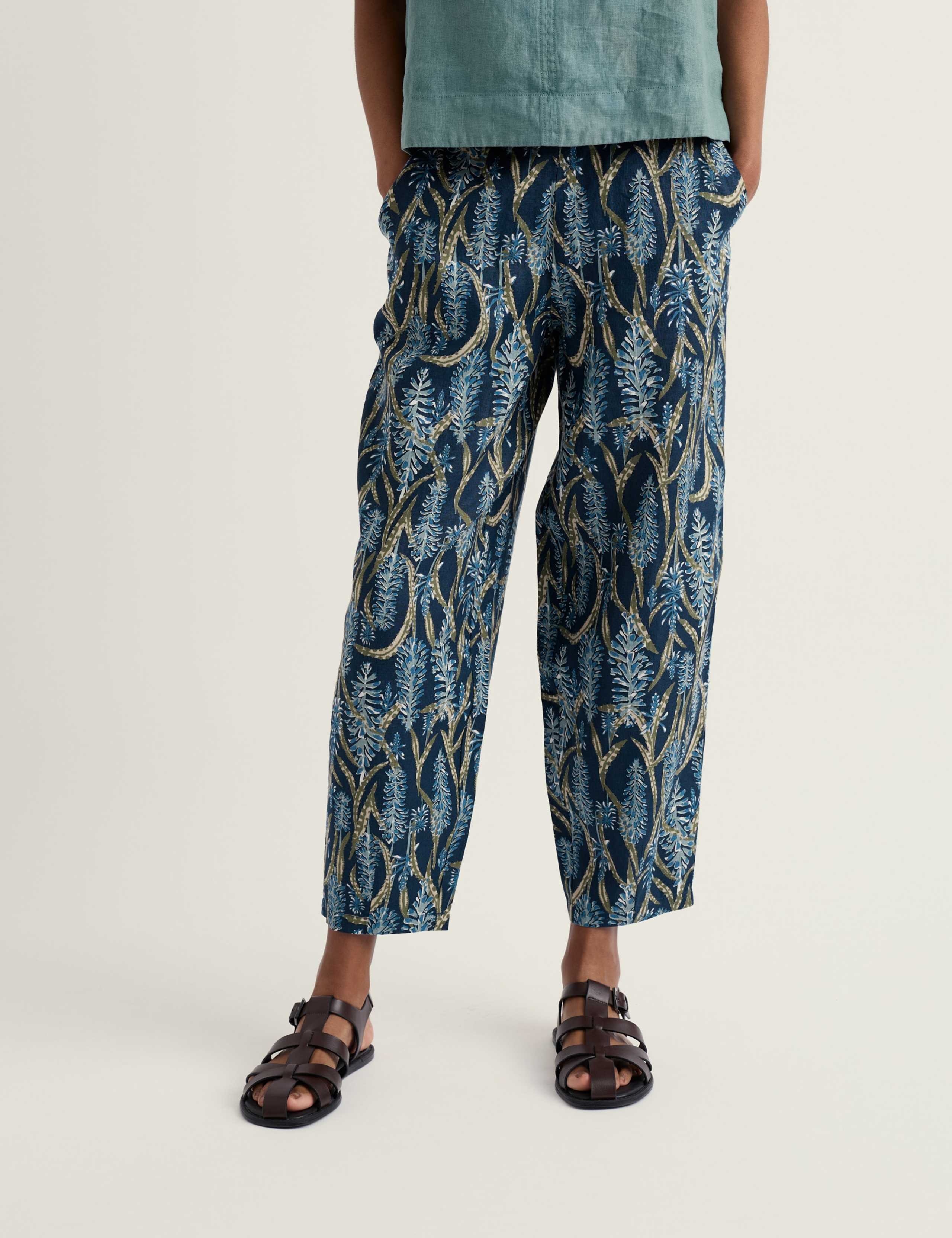 Pure Linen Floral Tapered Cropped Trousers 3 of 5
