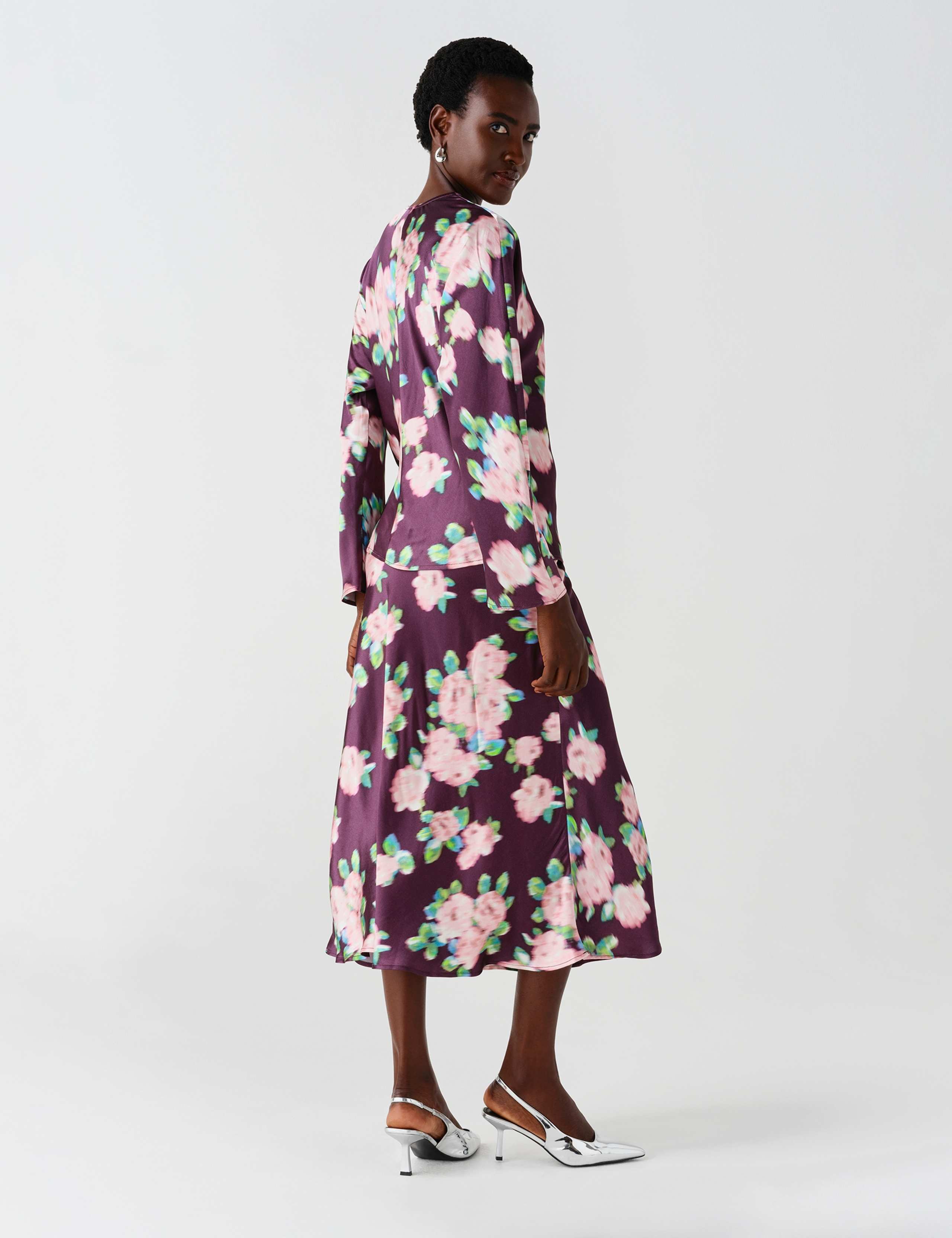 Satin Floral V Neck Batwing Sleeve Top 2 of 10