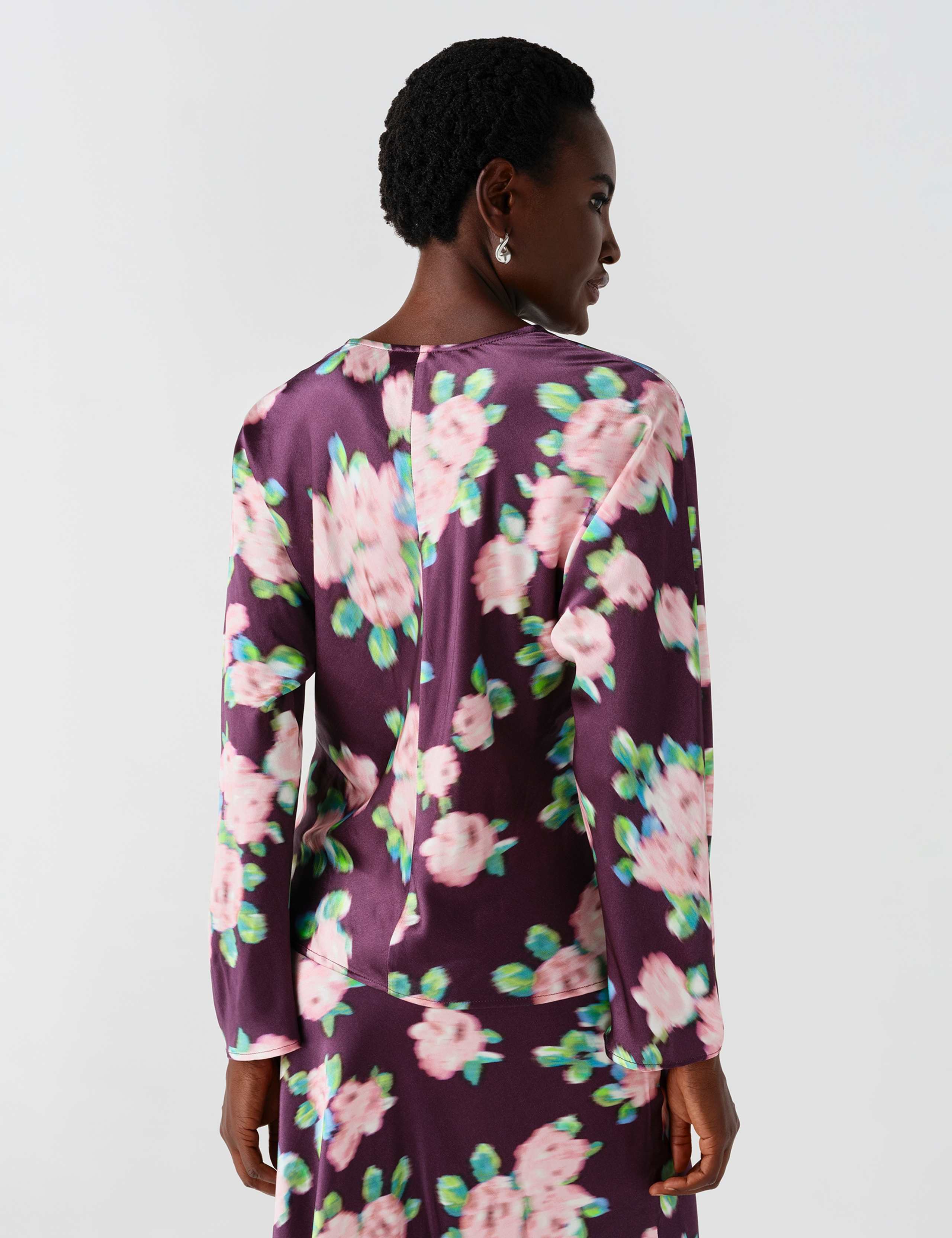 Satin Floral V Neck Batwing Sleeve Top 3 of 10