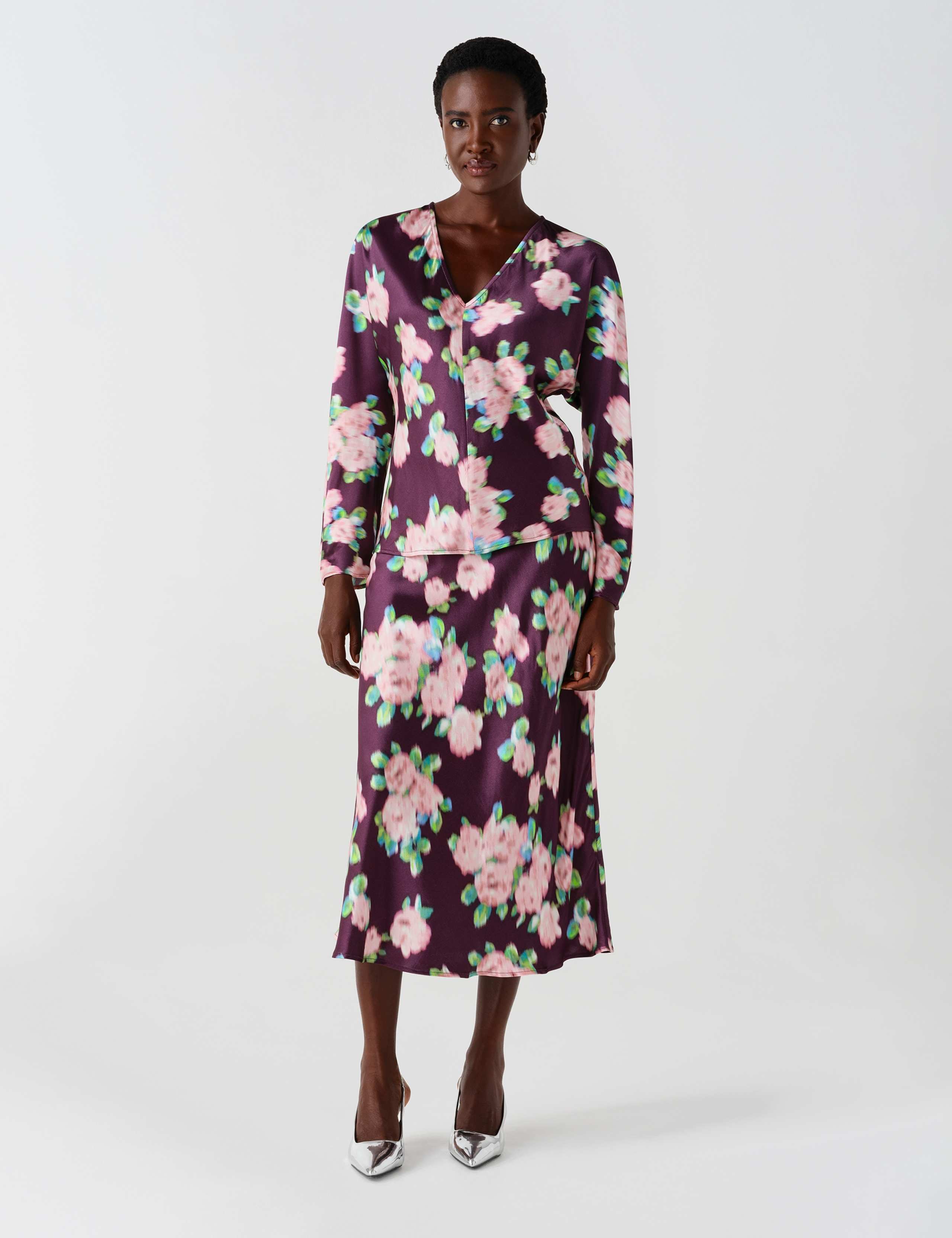 Satin Floral V Neck Batwing Sleeve Top 4 of 10