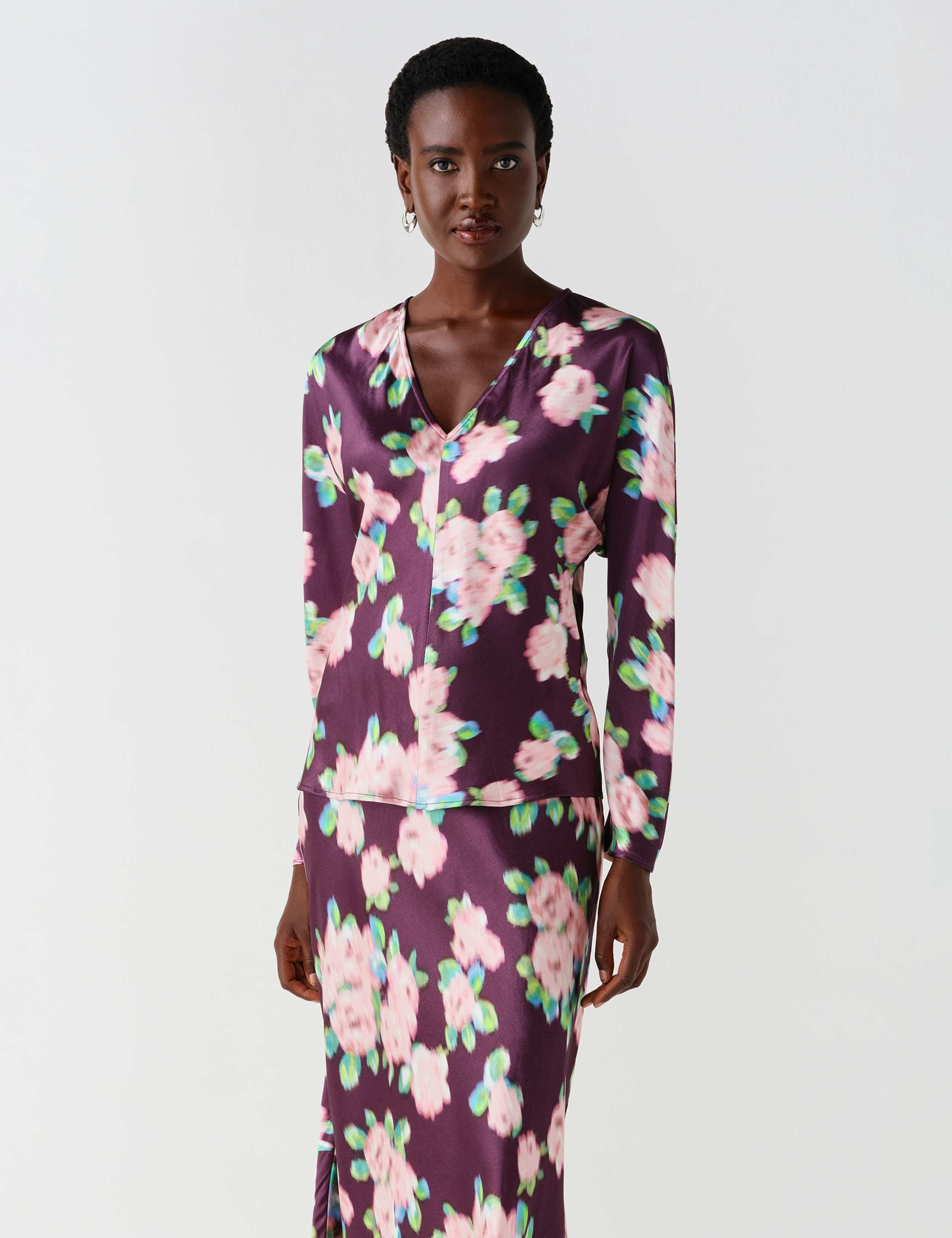 Satin Floral V Neck Batwing Sleeve Top 5 of 10