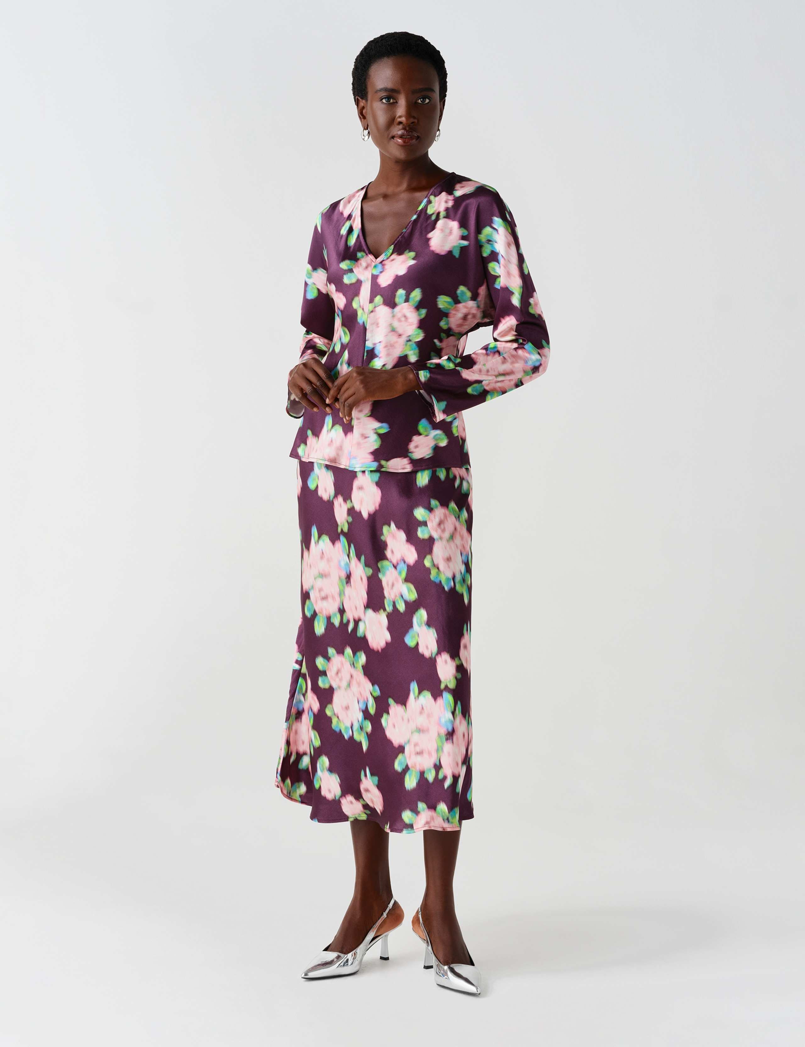 Satin Floral V Neck Batwing Sleeve Top 6 of 10