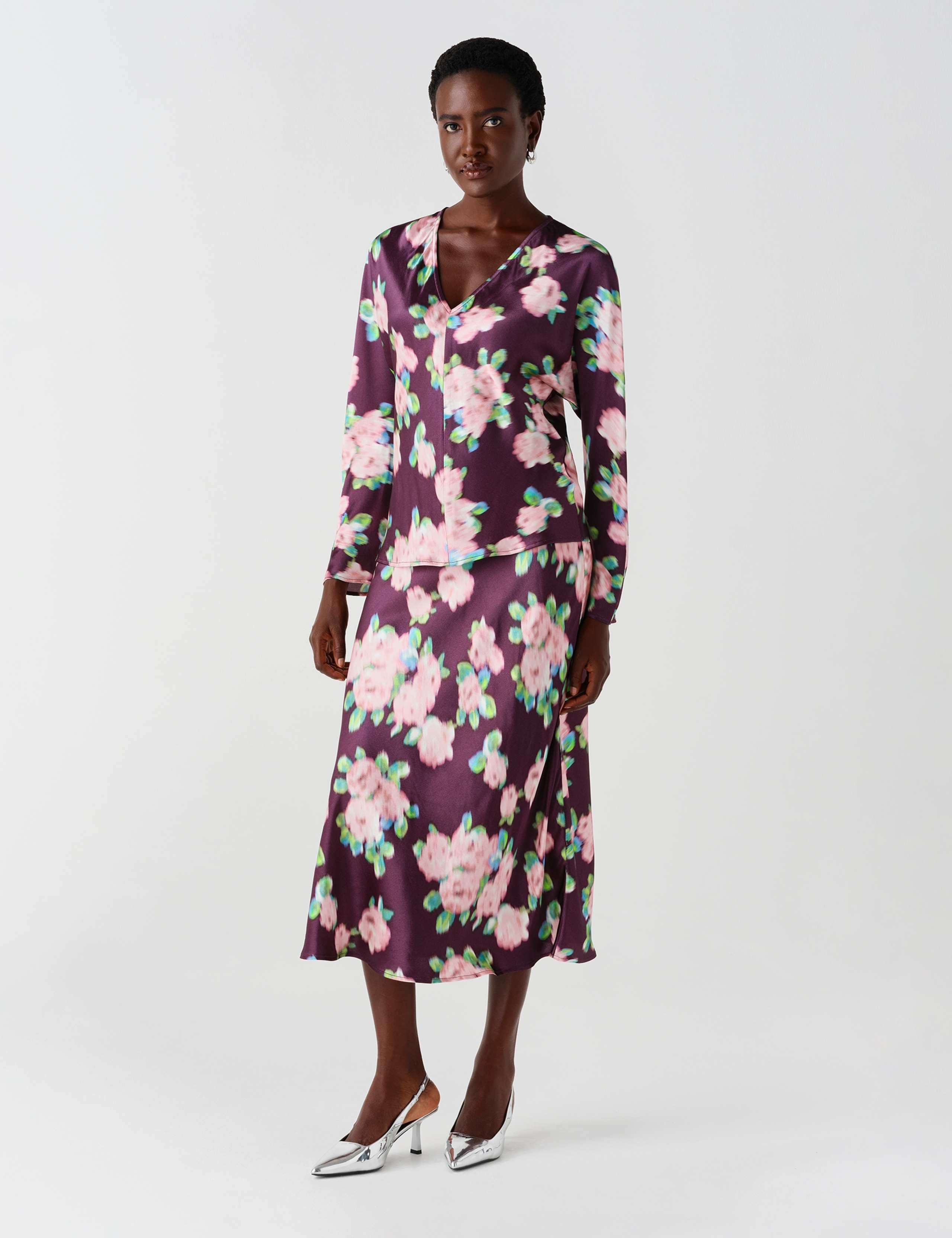 Satin Floral V Neck Batwing Sleeve Top 7 of 10