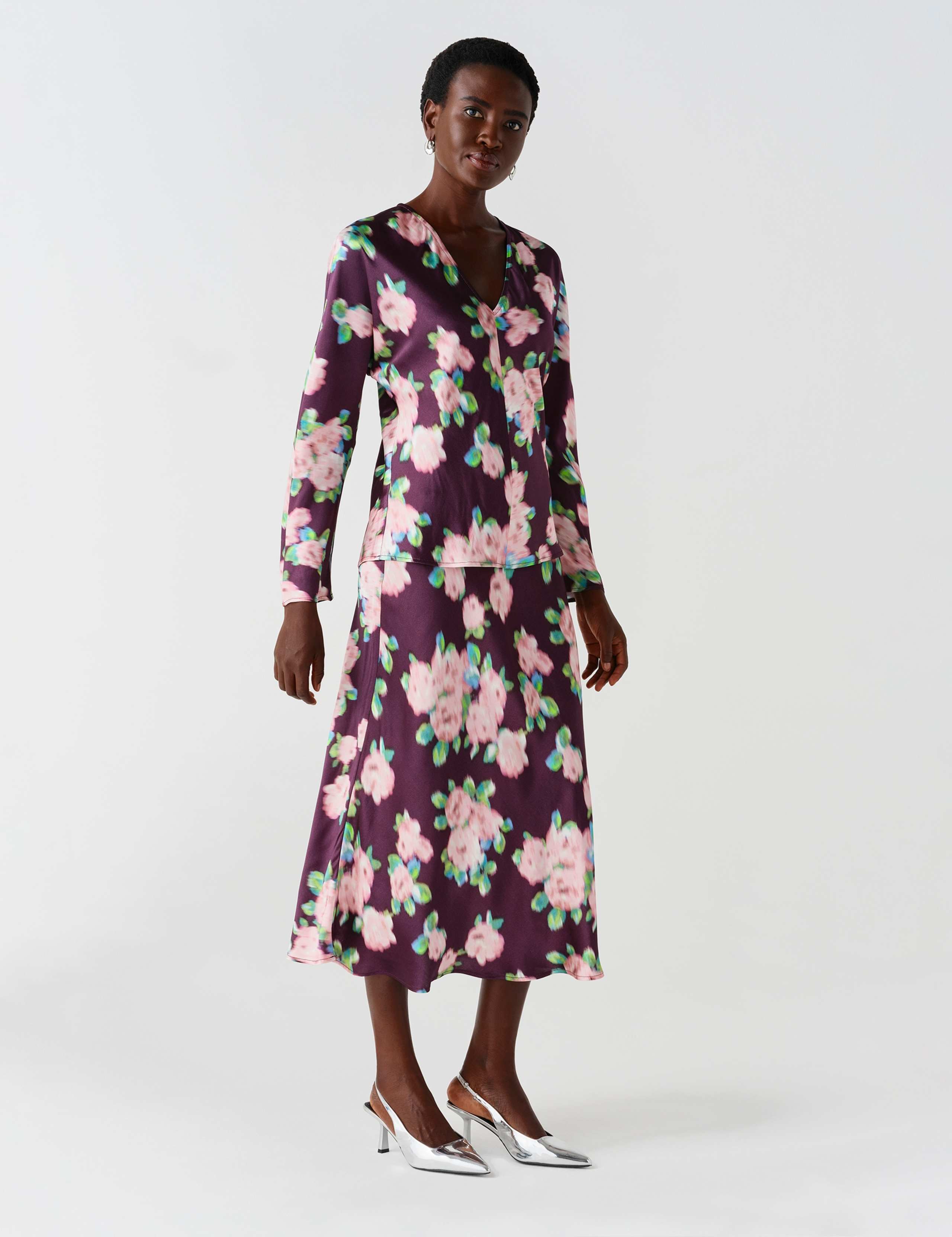 Satin Floral V Neck Batwing Sleeve Top 8 of 10