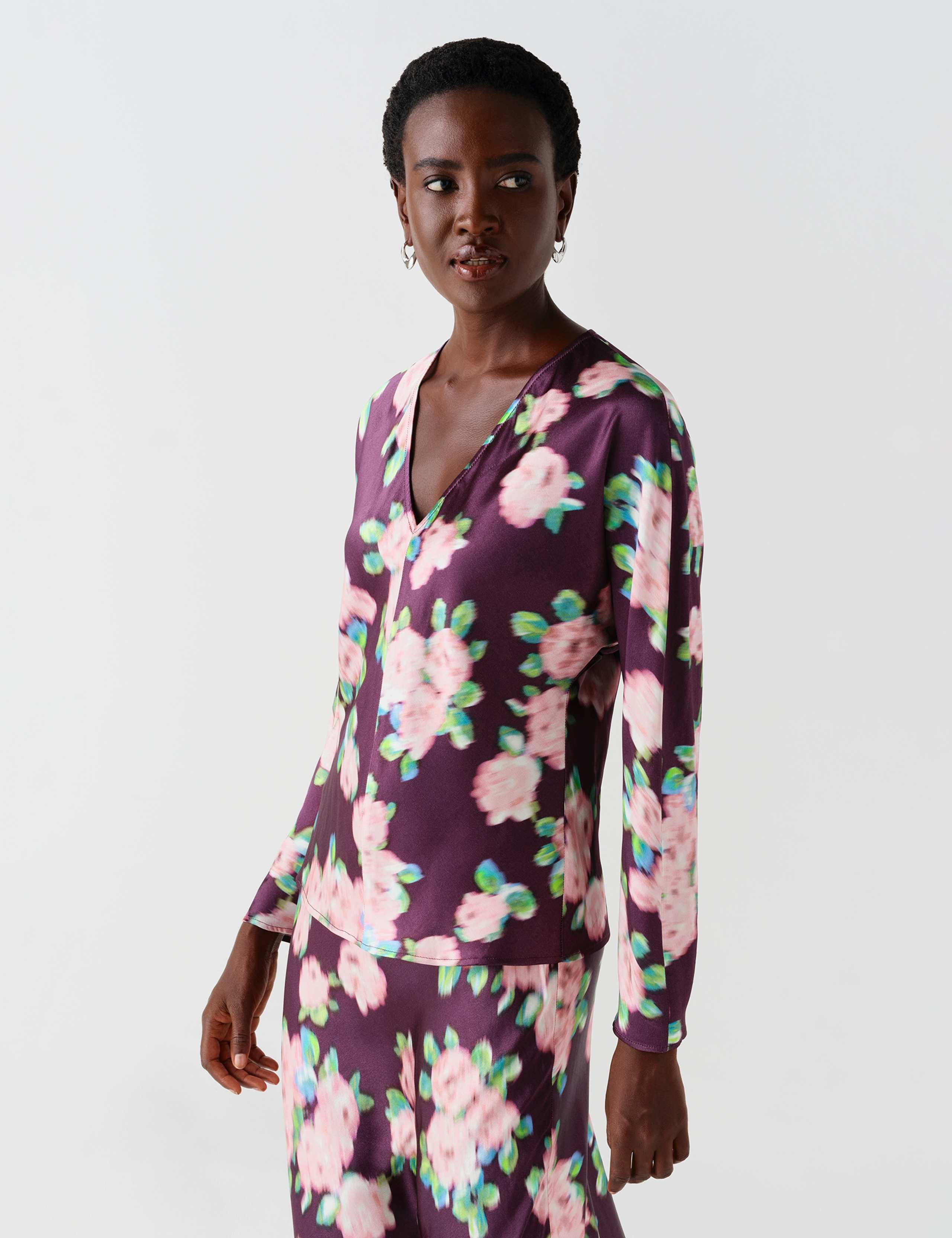 Satin Floral V Neck Batwing Sleeve Top 9 of 10