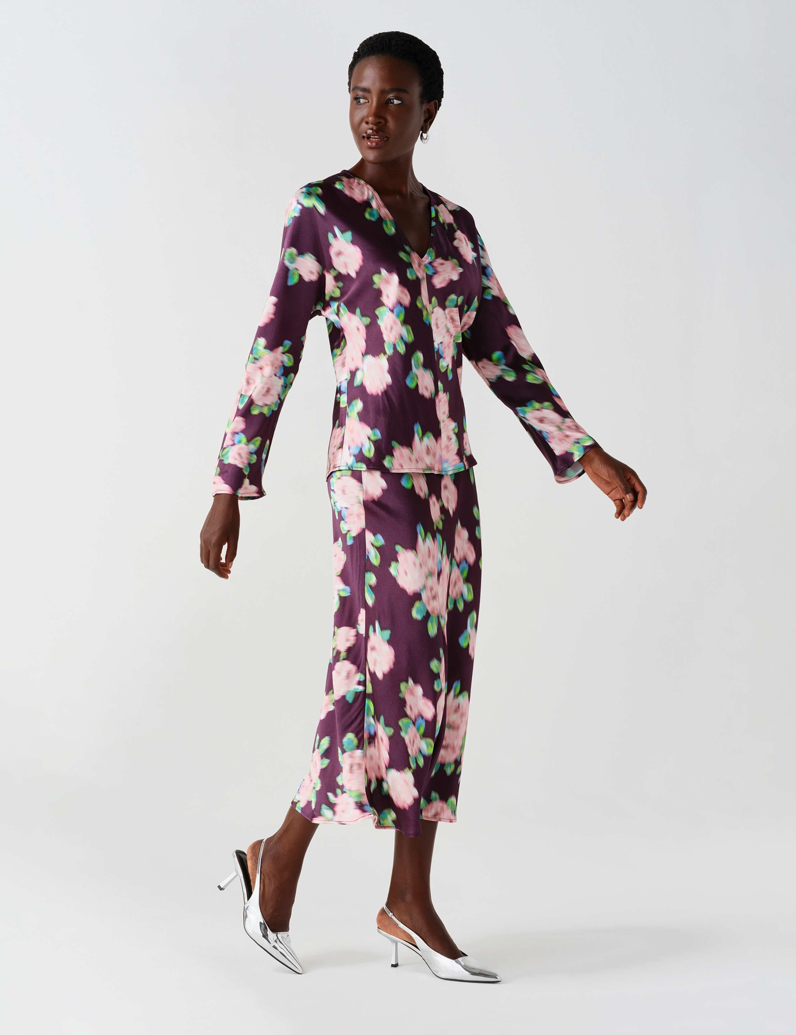 Satin Floral V Neck Batwing Sleeve Top 10 of 10
