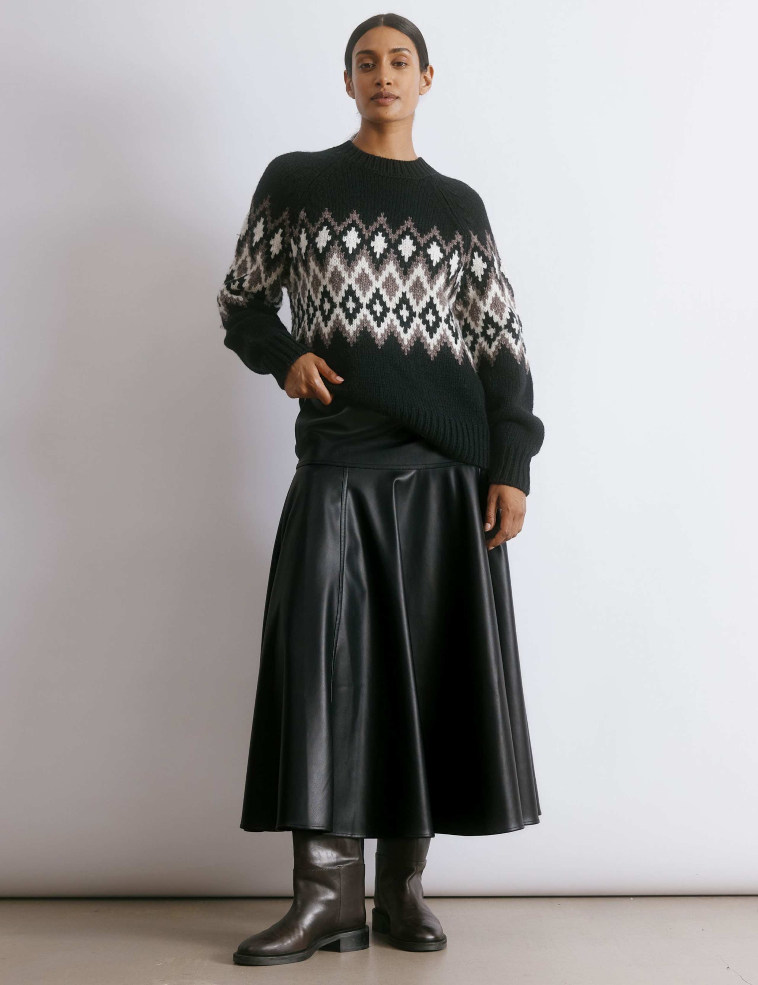 Faux Leather Drop Waist Midi A-Line Skirt 3 of 6