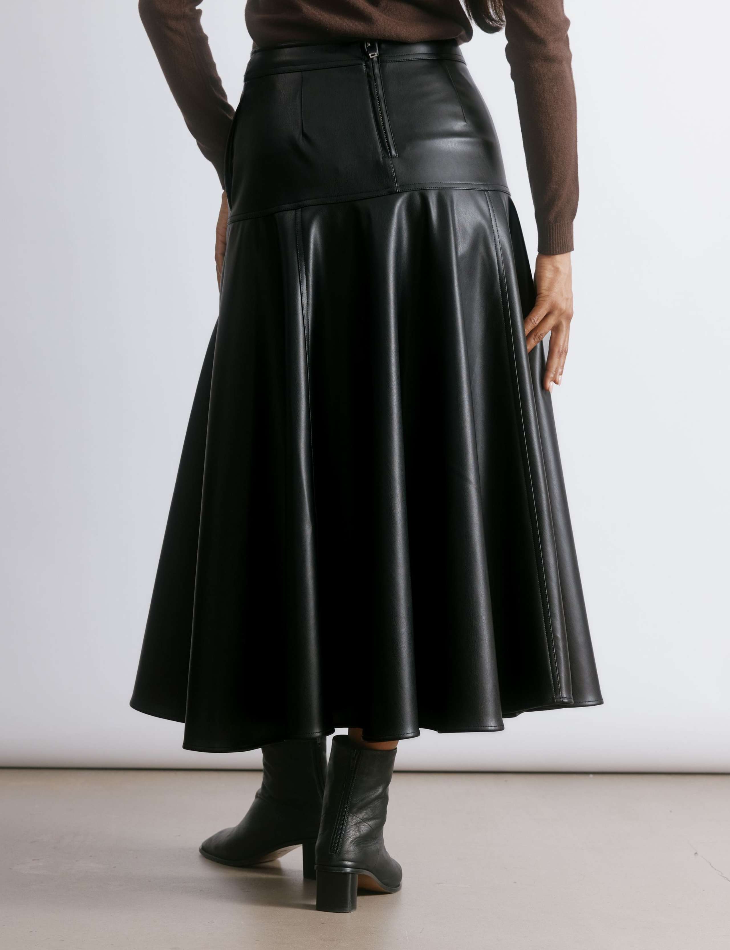 Faux Leather Drop Waist Midi A-Line Skirt 4 of 6